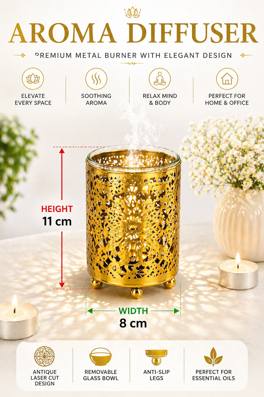 Gold Floral Cutwork Electric Aroma Diffuser Lamp With Cylindrical Design | Essential Oil Burner For Home, Bathroom & Spa | Includes Free Glass Bowl, 10ml Aroma Oil & 2 Electric Bulbs