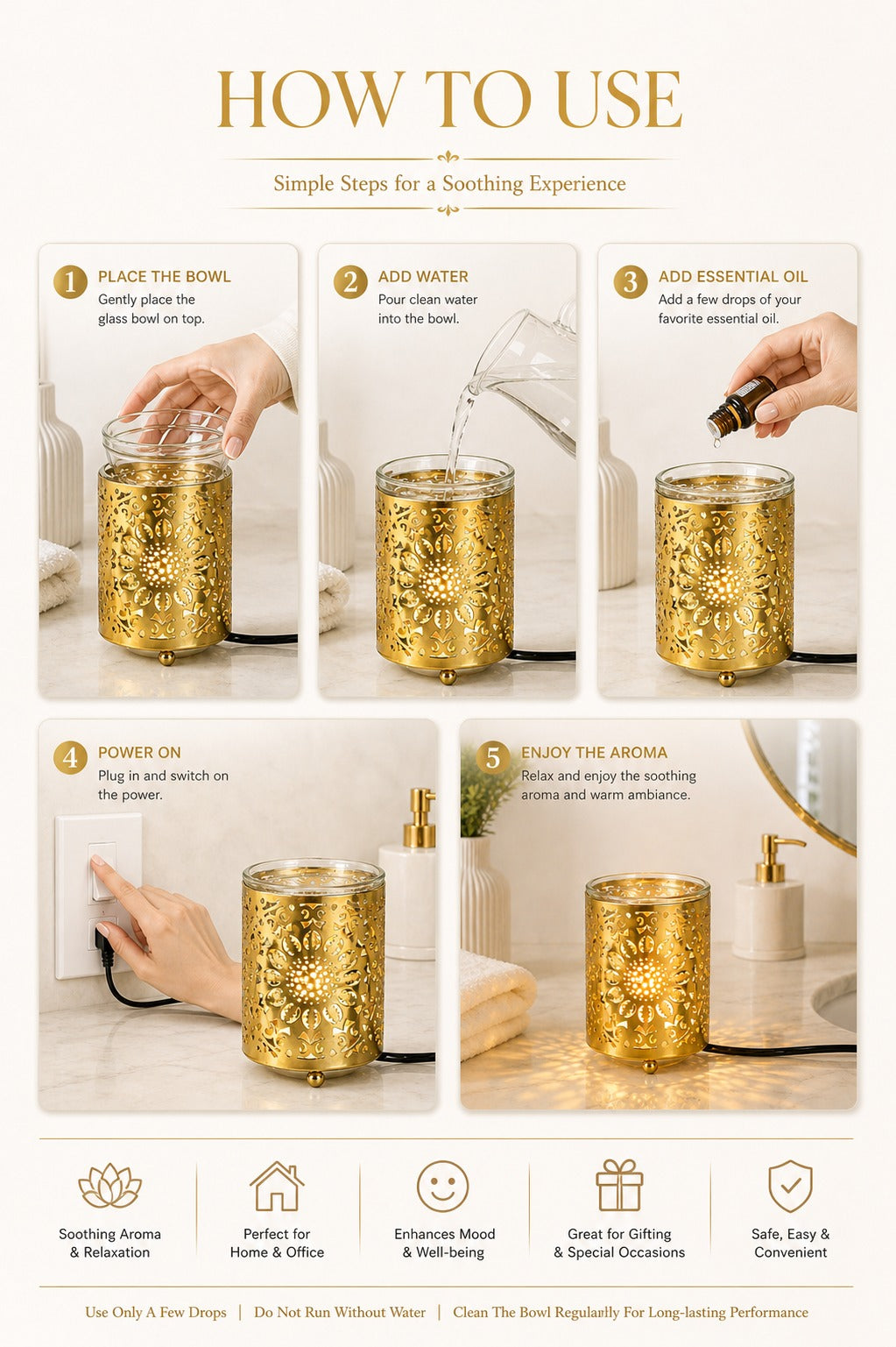 Gold Floral Cutwork Electric Aroma Diffuser Lamp With Cylindrical Design | Essential Oil Burner For Home, Bathroom & Spa | Includes Free Glass Bowl, 10ml Aroma Oil & 2 Electric Bulbs