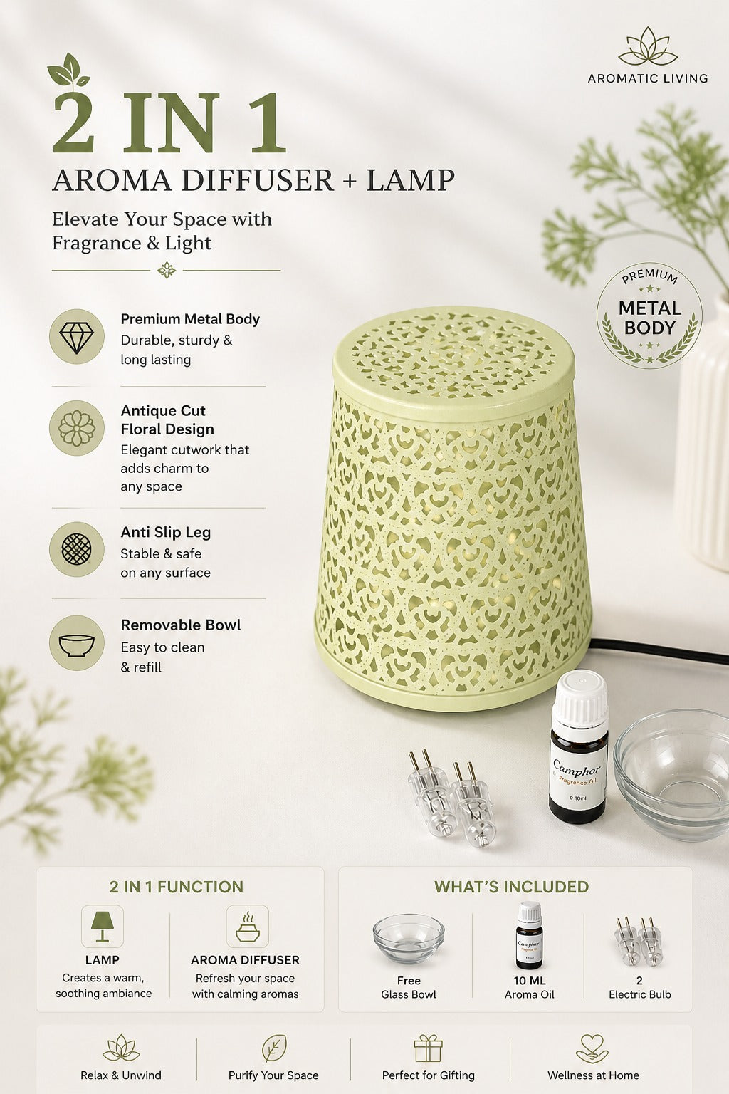 IvoryGlow Heart Cutwork Electric Aroma Diffuser Lamp With Cylindrical Design | Essential Oil Burner For Home, Bedroom & Living Room | Includes Free Glass Bowl, 10ml Aroma Oil & 2 Electric Bulbs