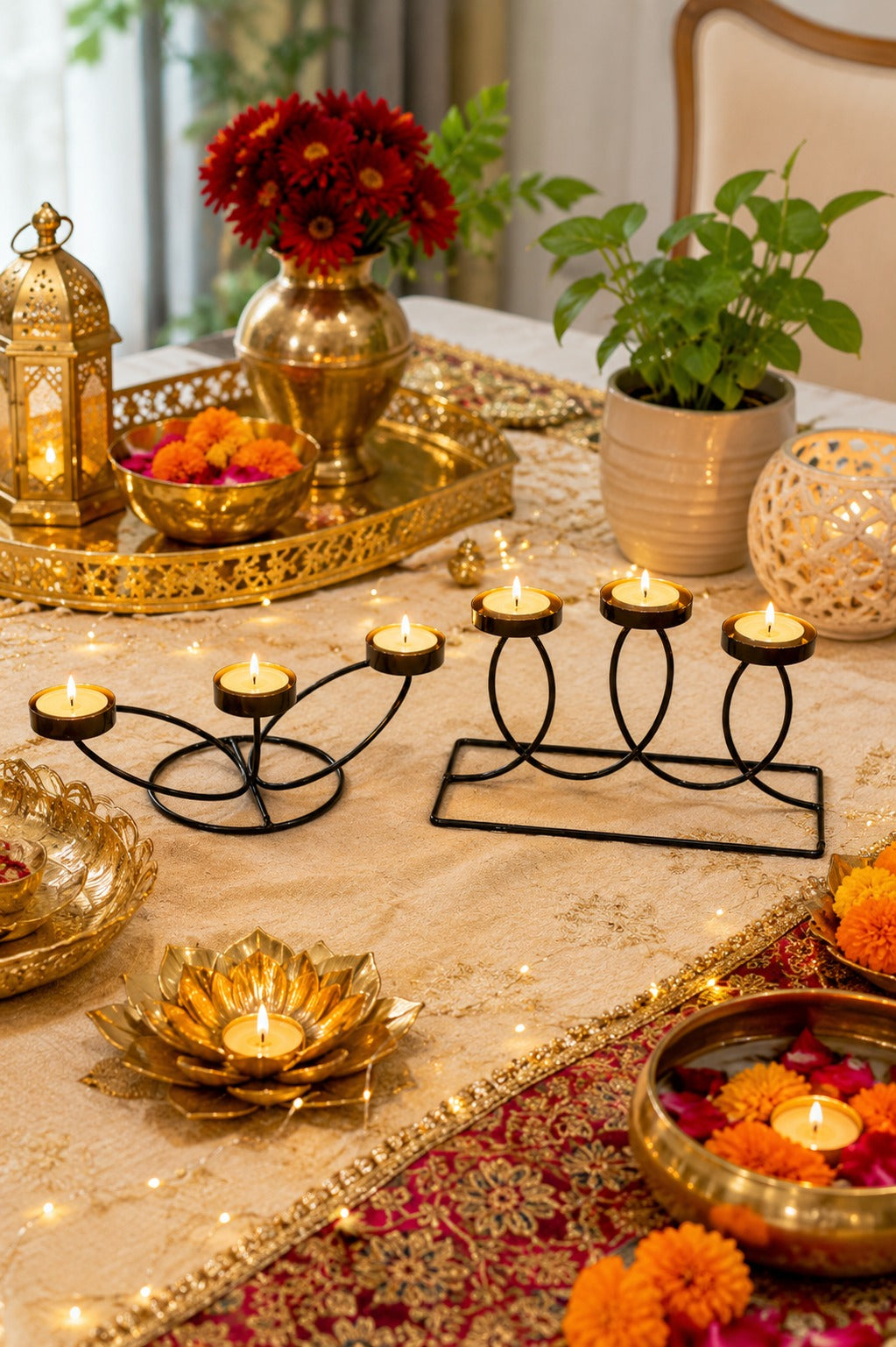 Set of 2 Modern Metal Tea Light Candle Holder Set | 3 Cup Floral Candle Stand & 3 Cup Curved Loop Candle Holder | Decorative Table Centerpiece for Living Room, Dining Table, Home Décor & Festive Gifting