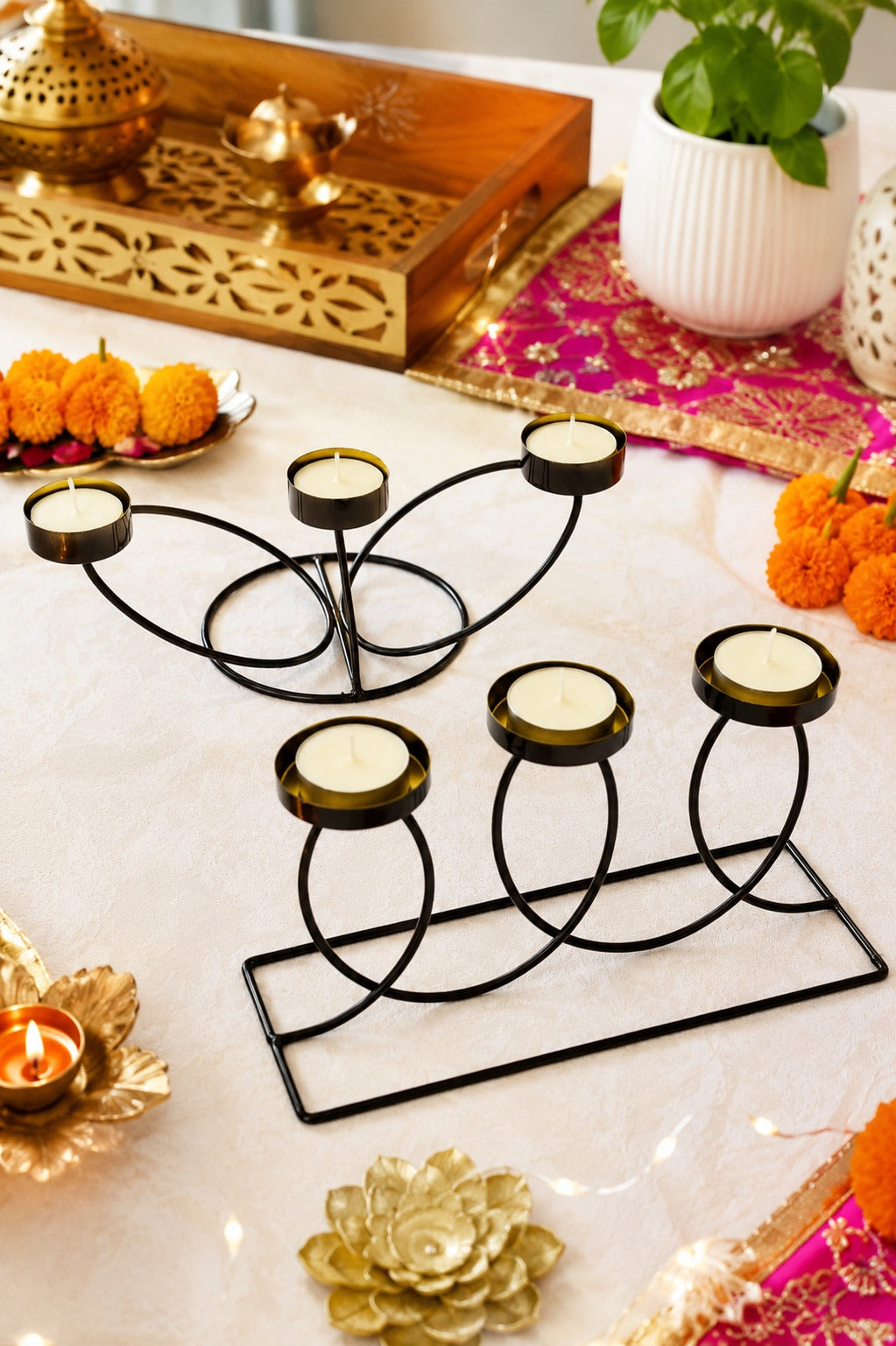 Set of 2 Modern Metal Tea Light Candle Holder Set | 3 Cup Floral Candle Stand & 3 Cup Curved Loop Candle Holder | Decorative Table Centerpiece for Living Room, Dining Table, Home Décor & Festive Gifting