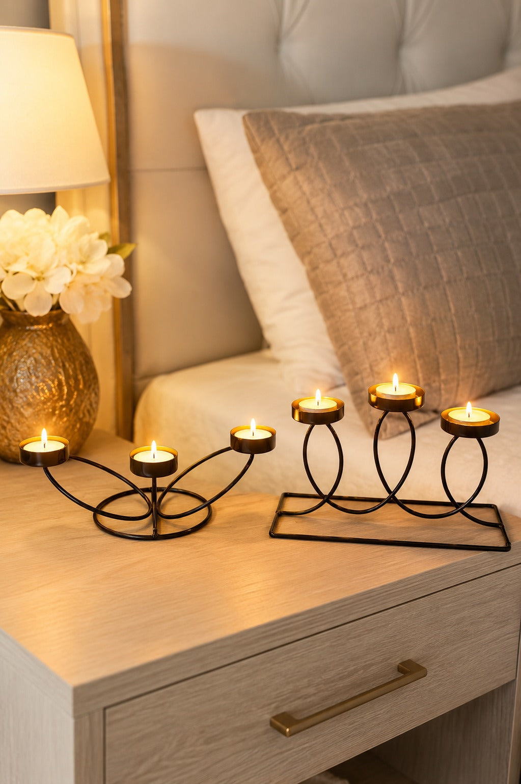 Set of 2 Modern Metal Tea Light Candle Holder Set | 3 Cup Floral Candle Stand & 3 Cup Curved Loop Candle Holder | Decorative Table Centerpiece for Living Room, Dining Table, Home Décor & Festive Gifting