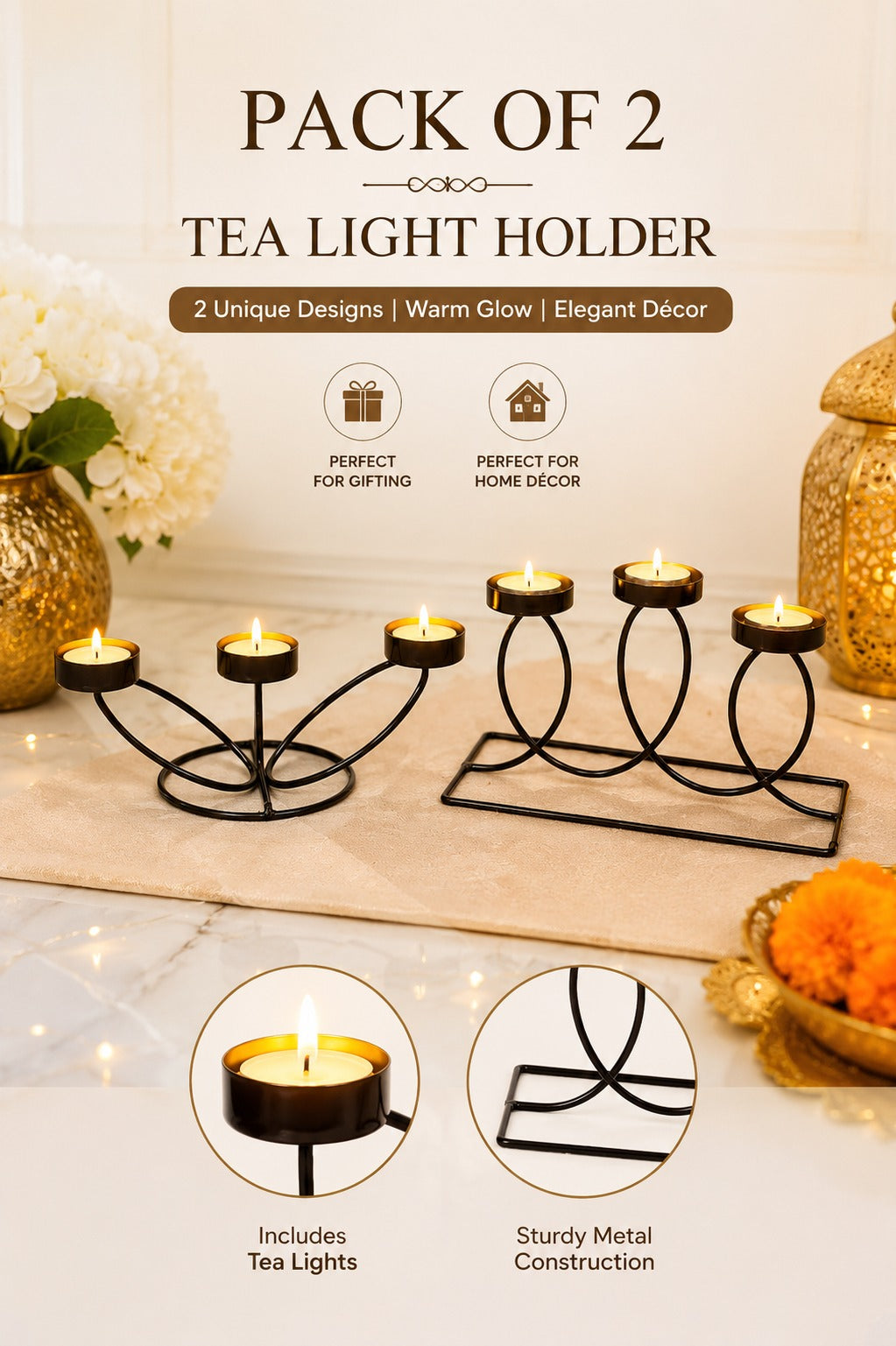 Set of 2 Modern Metal Tea Light Candle Holder Set | 3 Cup Floral Candle Stand & 3 Cup Curved Loop Candle Holder | Decorative Table Centerpiece for Living Room, Dining Table, Home Décor & Festive Gifting