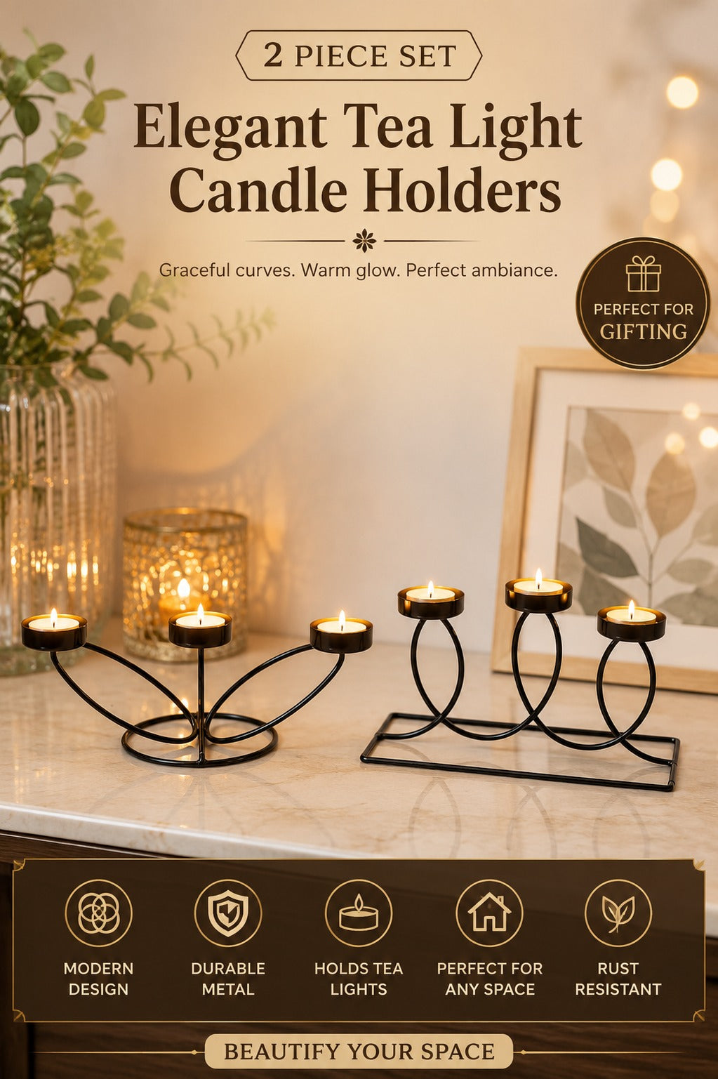Set of 2 Modern Metal Tea Light Candle Holder Set | 3 Cup Floral Candle Stand & 3 Cup Curved Loop Candle Holder | Decorative Table Centerpiece for Living Room, Dining Table, Home Décor & Festive Gifting