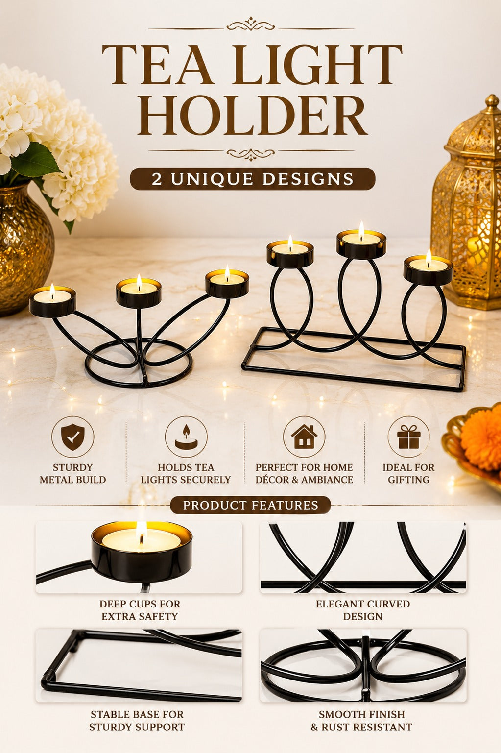 Set of 2 Modern Metal Tea Light Candle Holder Set | 3 Cup Floral Candle Stand & 3 Cup Curved Loop Candle Holder | Decorative Table Centerpiece for Living Room, Dining Table, Home Décor & Festive Gifting