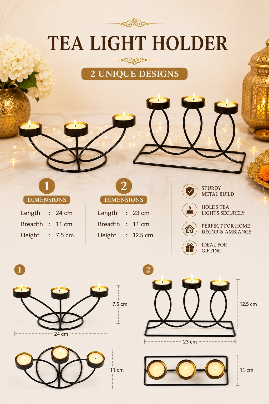 Set of 2 Modern Metal Tea Light Candle Holder Set | 3 Cup Floral Candle Stand & 3 Cup Curved Loop Candle Holder | Decorative Table Centerpiece for Living Room, Dining Table, Home Décor & Festive Gifting