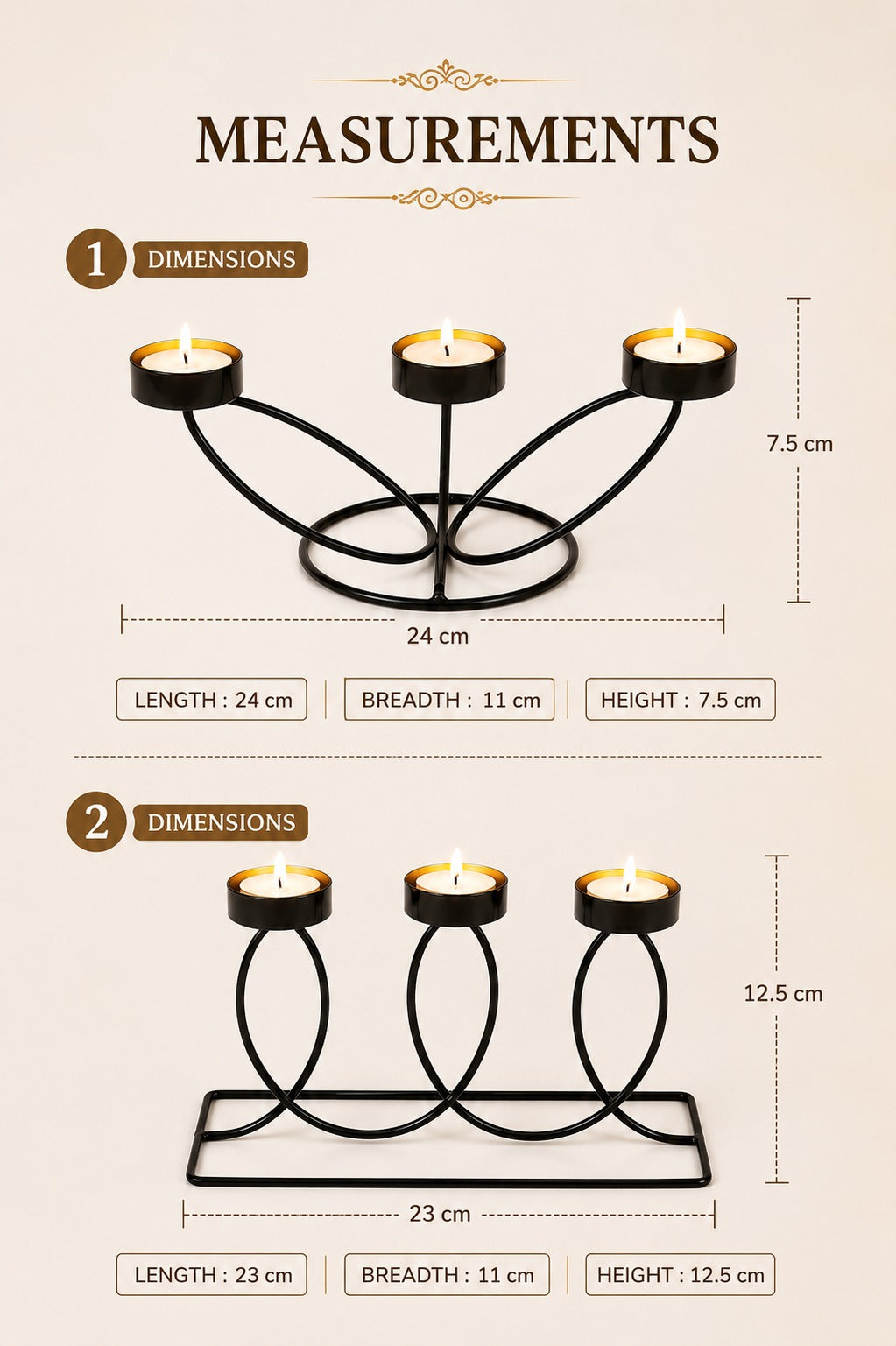 Set of 2 Modern Metal Tea Light Candle Holder Set | 3 Cup Floral Candle Stand & 3 Cup Curved Loop Candle Holder | Decorative Table Centerpiece for Living Room, Dining Table, Home Décor & Festive Gifting