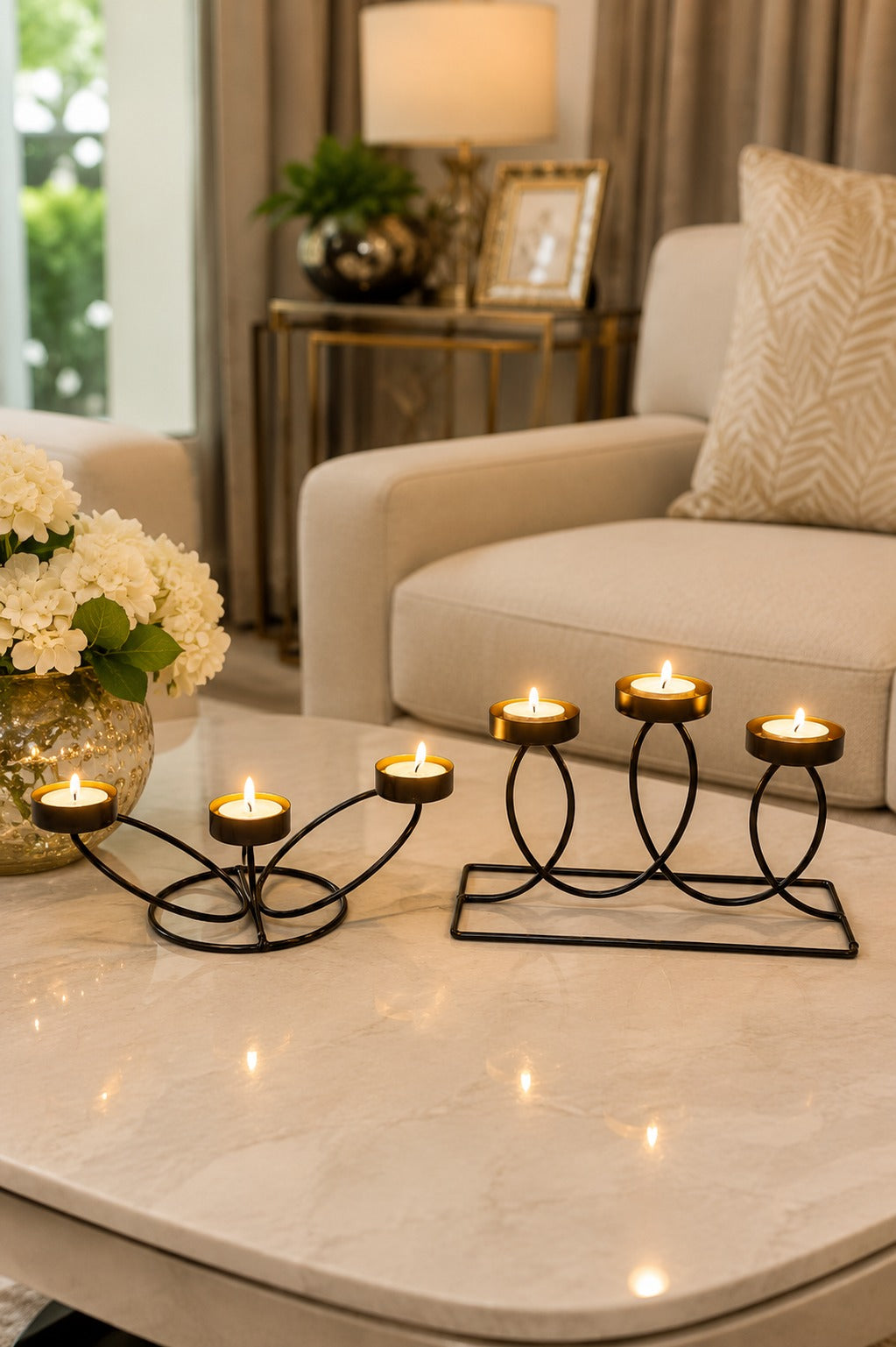 Set of 2 Modern Metal Tea Light Candle Holder Set | 3 Cup Floral Candle Stand & 3 Cup Curved Loop Candle Holder | Decorative Table Centerpiece for Living Room, Dining Table, Home Décor & Festive Gifting
