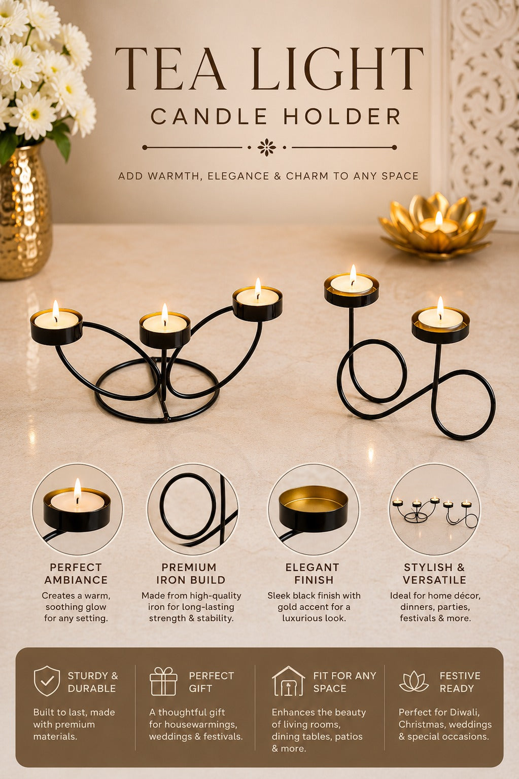 Set of 2 Modern Metal Tea Light Candle Holder Set | 3 Cup Floral Candle Stand & Infinity Double Tea Light Holder | Decorative Table Centerpiece for Home, Living Room, Dining Table, Festive Décor & Gifting