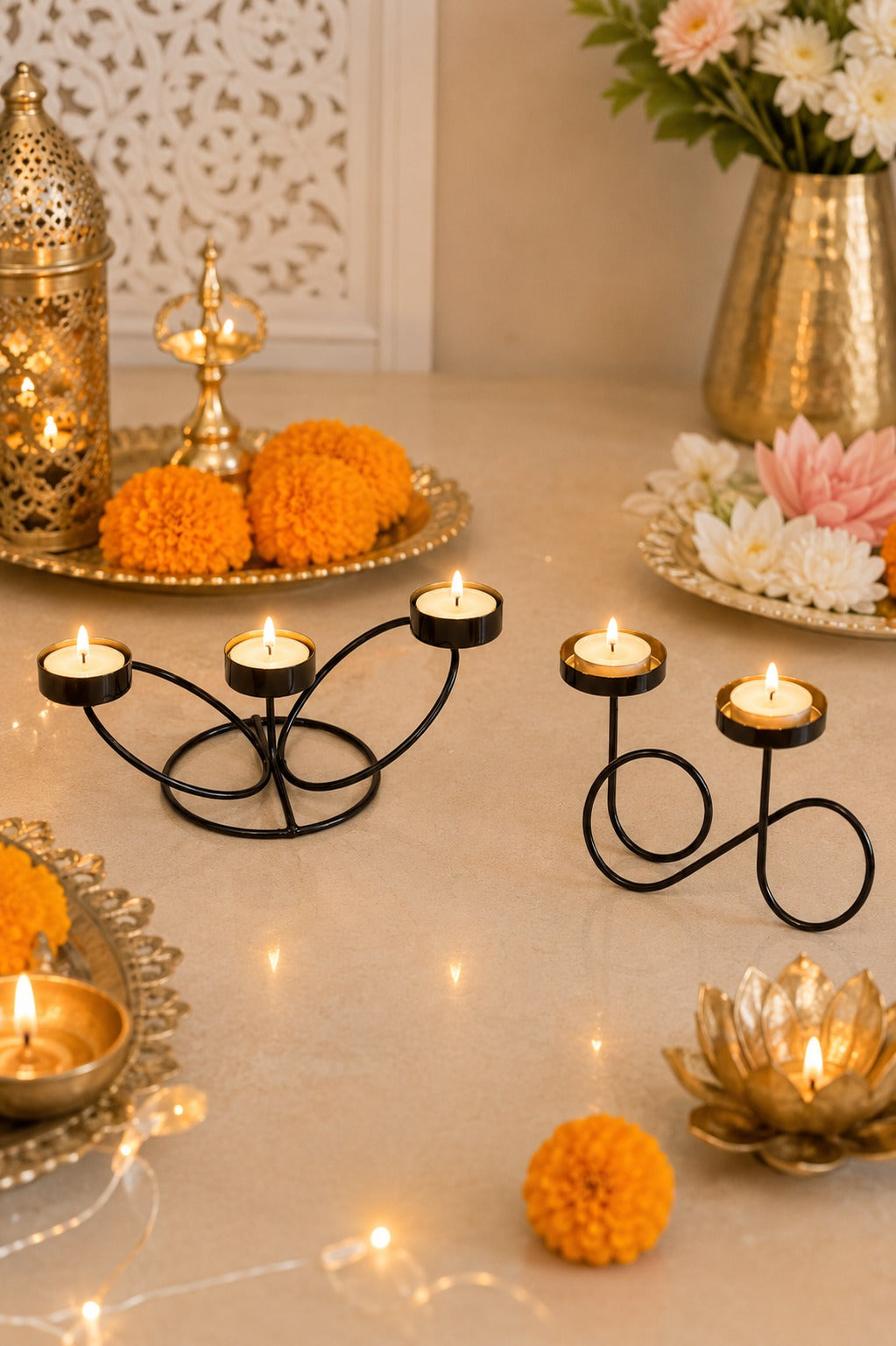 Set of 2 Modern Metal Tea Light Candle Holder Set | 3 Cup Floral Candle Stand & Infinity Double Tea Light Holder | Decorative Table Centerpiece for Home, Living Room, Dining Table, Festive Décor & Gifting