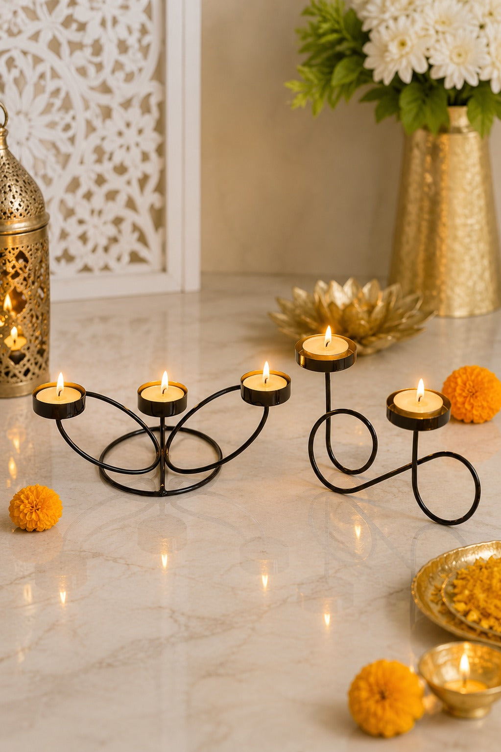 Set of 2 Modern Metal Tea Light Candle Holder Set | 3 Cup Floral Candle Stand & Infinity Double Tea Light Holder | Decorative Table Centerpiece for Home, Living Room, Dining Table, Festive Décor & Gifting