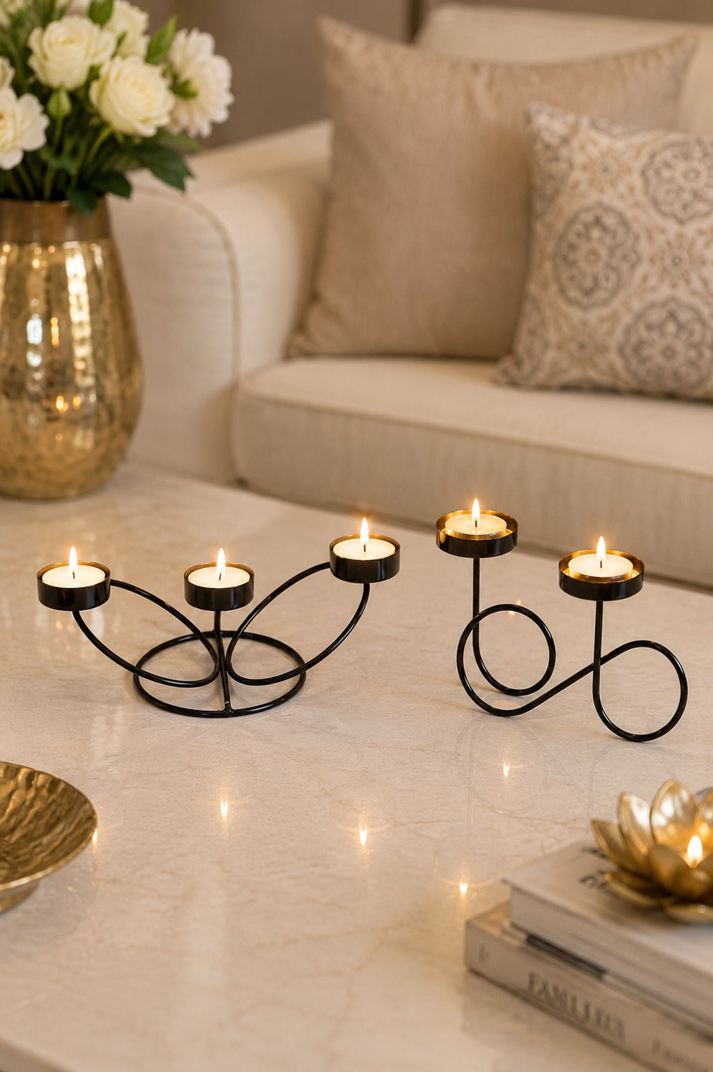 Set of 2 Modern Metal Tea Light Candle Holder Set | 3 Cup Floral Candle Stand & Infinity Double Tea Light Holder | Decorative Table Centerpiece for Home, Living Room, Dining Table, Festive Décor & Gifting