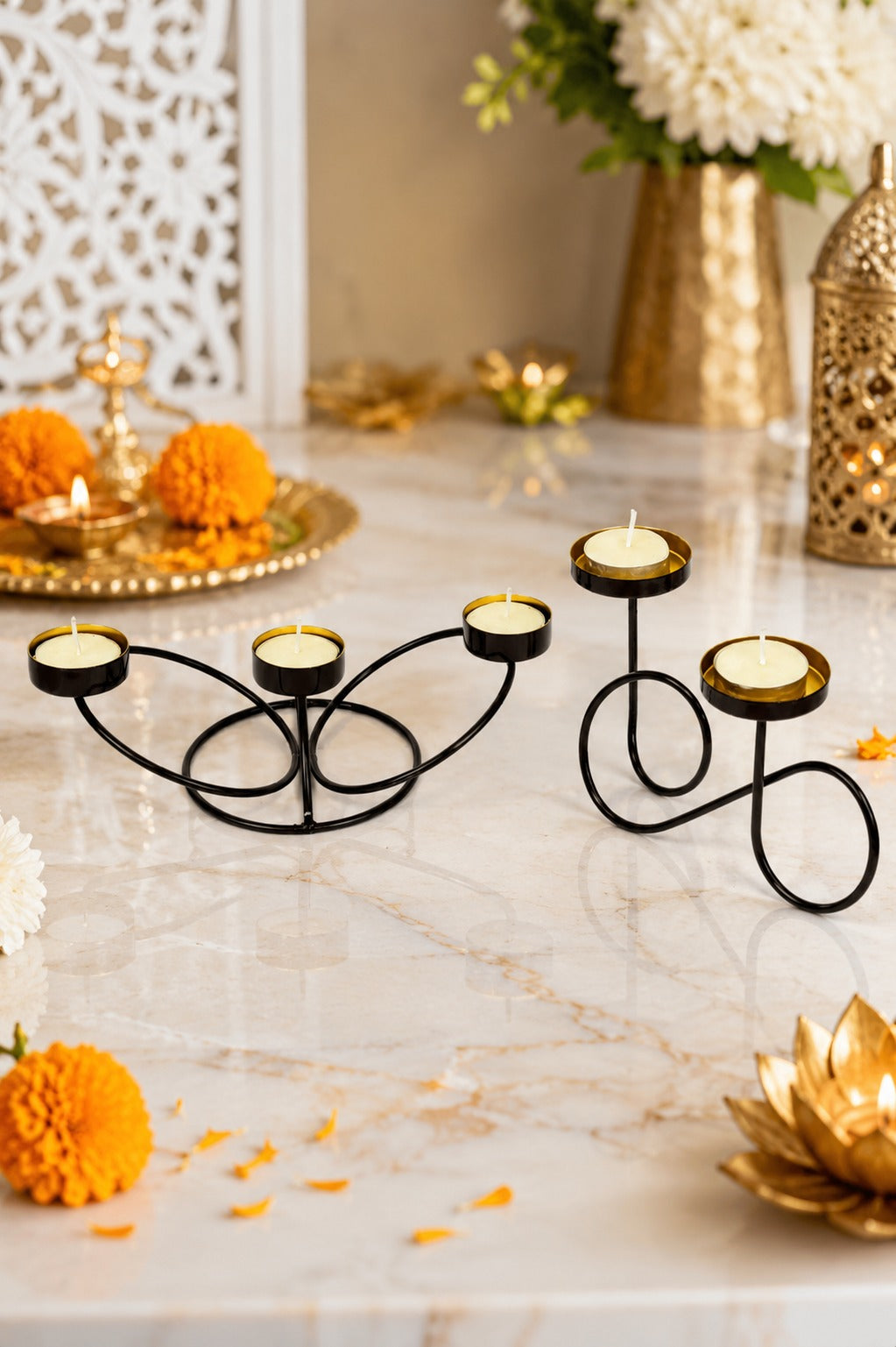 Set of 2 Modern Metal Tea Light Candle Holder Set | 3 Cup Floral Candle Stand & Infinity Double Tea Light Holder | Decorative Table Centerpiece for Home, Living Room, Dining Table, Festive Décor & Gifting