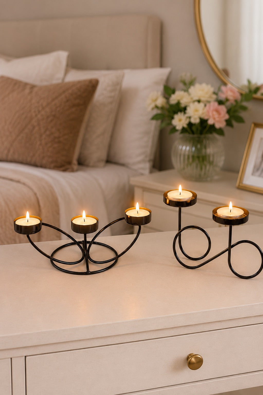 Set of 2 Modern Metal Tea Light Candle Holder Set | 3 Cup Floral Candle Stand & Infinity Double Tea Light Holder | Decorative Table Centerpiece for Home, Living Room, Dining Table, Festive Décor & Gifting
