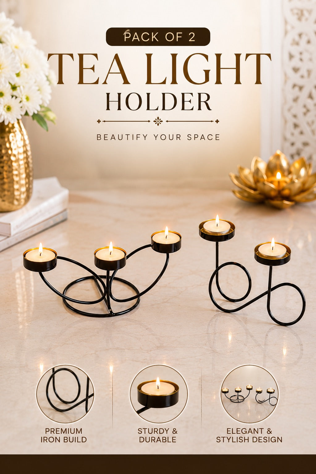 Set of 2 Modern Metal Tea Light Candle Holder Set | 3 Cup Floral Candle Stand & Infinity Double Tea Light Holder | Decorative Table Centerpiece for Home, Living Room, Dining Table, Festive Décor & Gifting