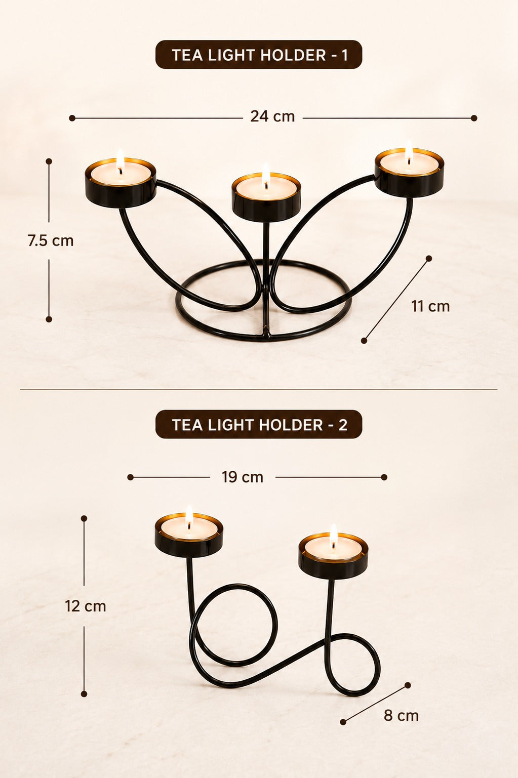 Set of 2 Modern Metal Tea Light Candle Holder Set | 3 Cup Floral Candle Stand & Infinity Double Tea Light Holder | Decorative Table Centerpiece for Home, Living Room, Dining Table, Festive Décor & Gifting