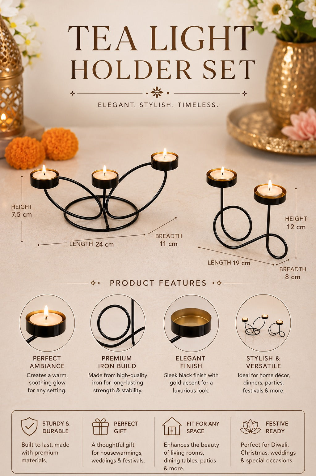 Set of 2 Modern Metal Tea Light Candle Holder Set | 3 Cup Floral Candle Stand & Infinity Double Tea Light Holder | Decorative Table Centerpiece for Home, Living Room, Dining Table, Festive Décor & Gifting