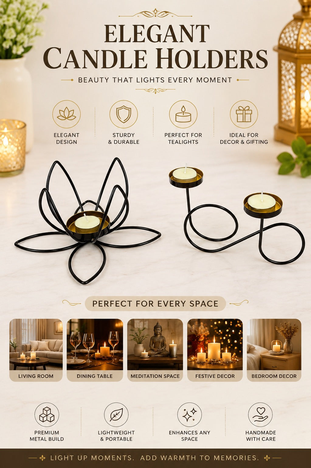 Set of 2 Modern Metal Tea Light Candle Holders | Lotus Flower & Infinity Double Tea Light Stand | Decorative Candle Holder for Home Living Room Bedroom Pooja Room Table Décor & Gifting