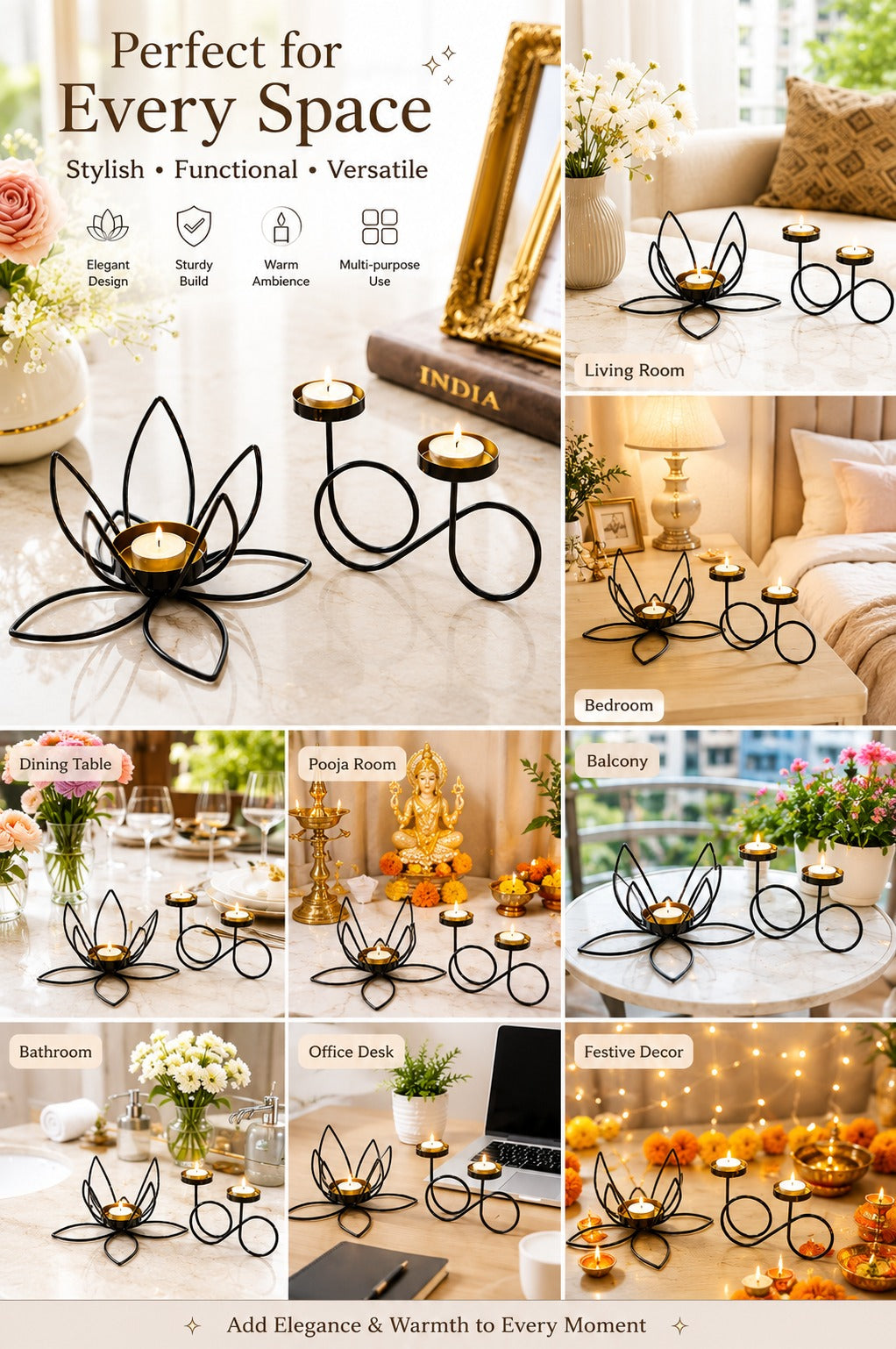 Set of 2 Modern Metal Tea Light Candle Holders | Lotus Flower & Infinity Double Tea Light Stand | Decorative Candle Holder for Home Living Room Bedroom Pooja Room Table Décor & Gifting