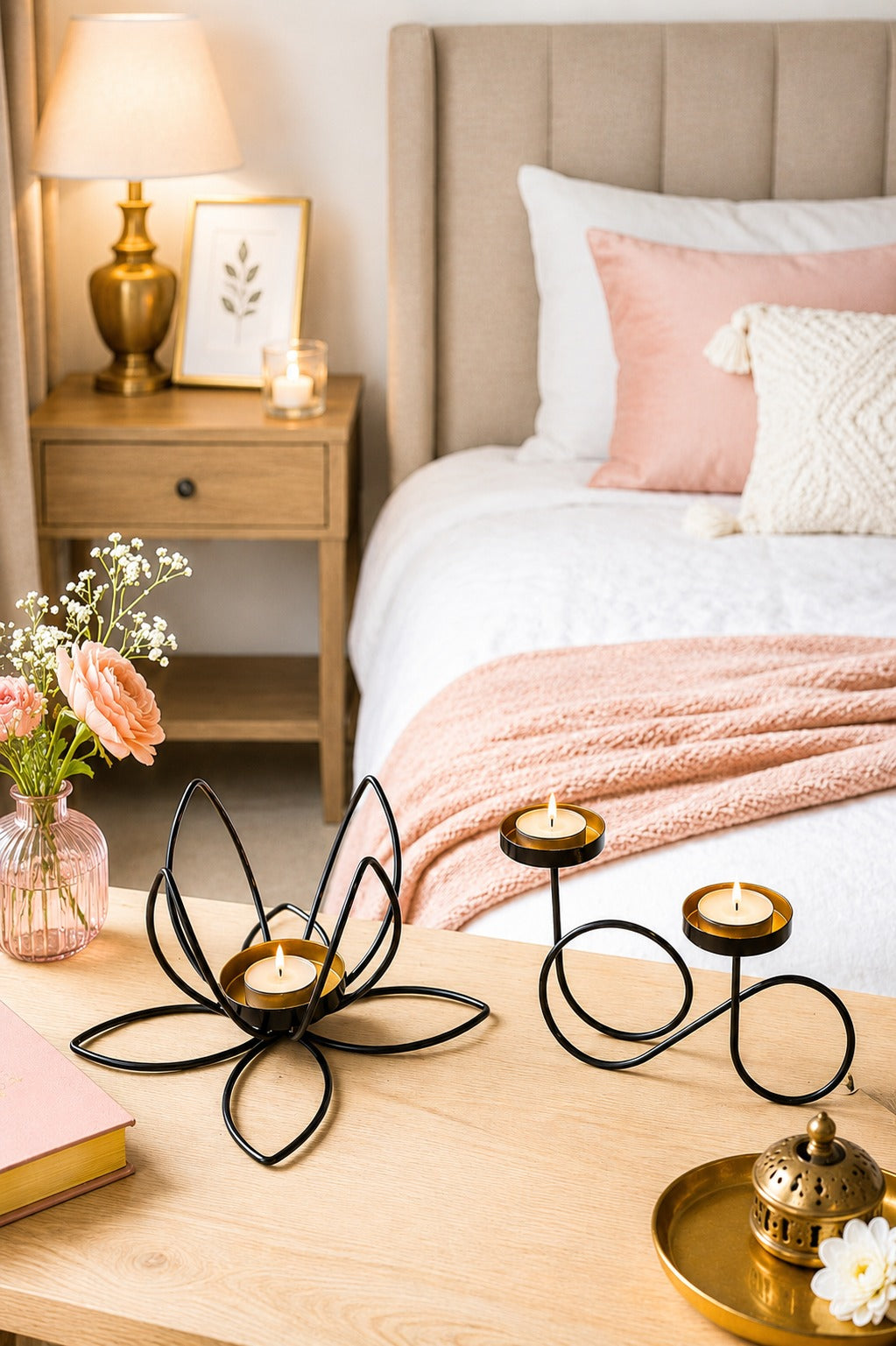 Set of 2 Modern Metal Tea Light Candle Holders | Lotus Flower & Infinity Double Tea Light Stand | Decorative Candle Holder for Home Living Room Bedroom Pooja Room Table Décor & Gifting