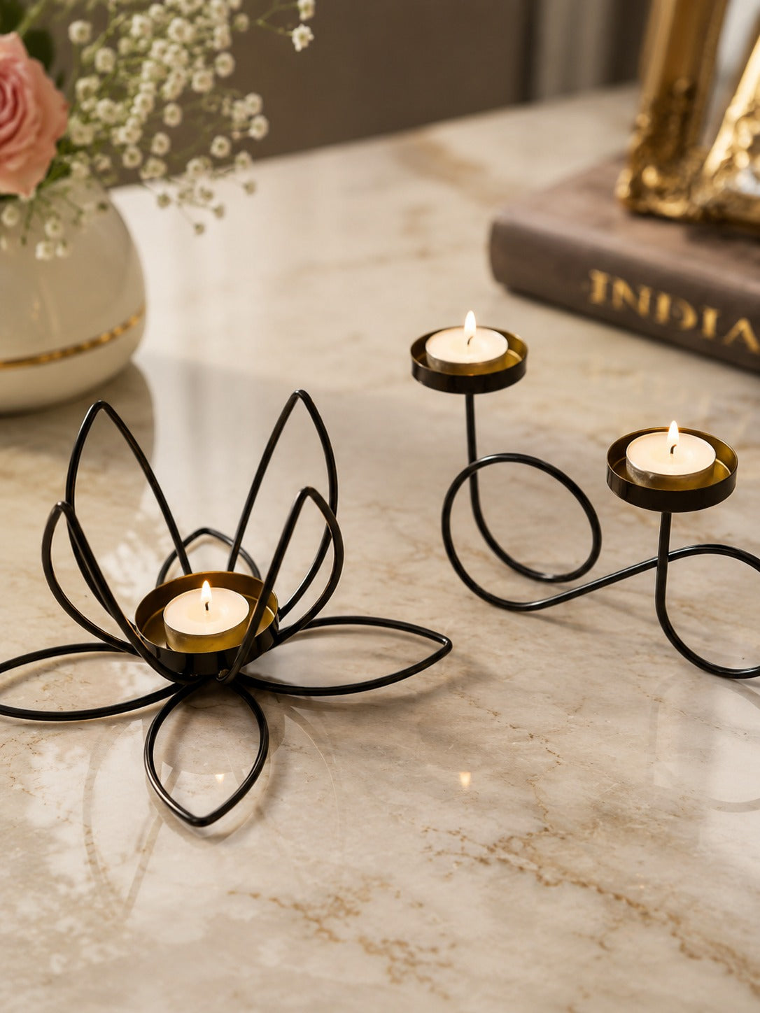 Set of 2 Modern Metal Tea Light Candle Holders | Lotus Flower & Infinity Double Tea Light Stand | Decorative Candle Holder for Home Living Room Bedroom Pooja Room Table Décor & Gifting