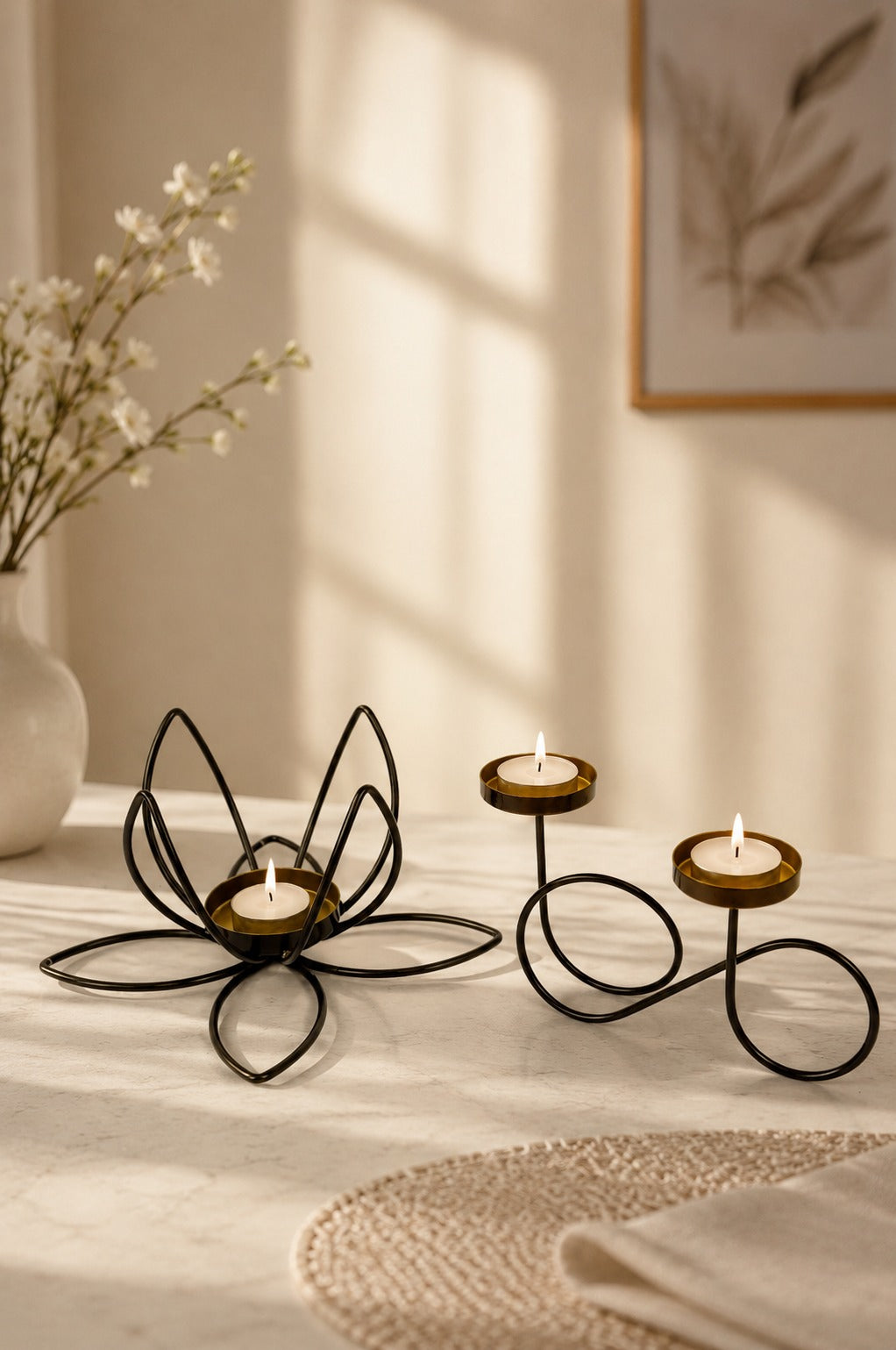 Set of 2 Modern Metal Tea Light Candle Holders | Lotus Flower & Infinity Double Tea Light Stand | Decorative Candle Holder for Home Living Room Bedroom Pooja Room Table Décor & Gifting