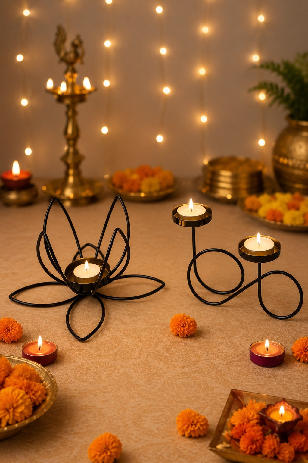 Set of 2 Modern Metal Tea Light Candle Holders | Lotus Flower & Infinity Double Tea Light Stand | Decorative Candle Holder for Home Living Room Bedroom Pooja Room Table Décor & Gifting