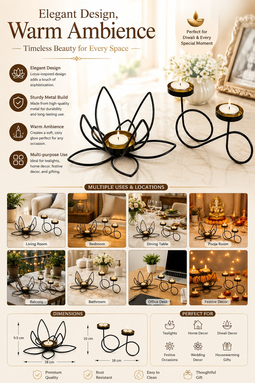 Set of 2 Modern Metal Tea Light Candle Holders | Lotus Flower & Infinity Double Tea Light Stand | Decorative Candle Holder for Home Living Room Bedroom Pooja Room Table Décor & Gifting