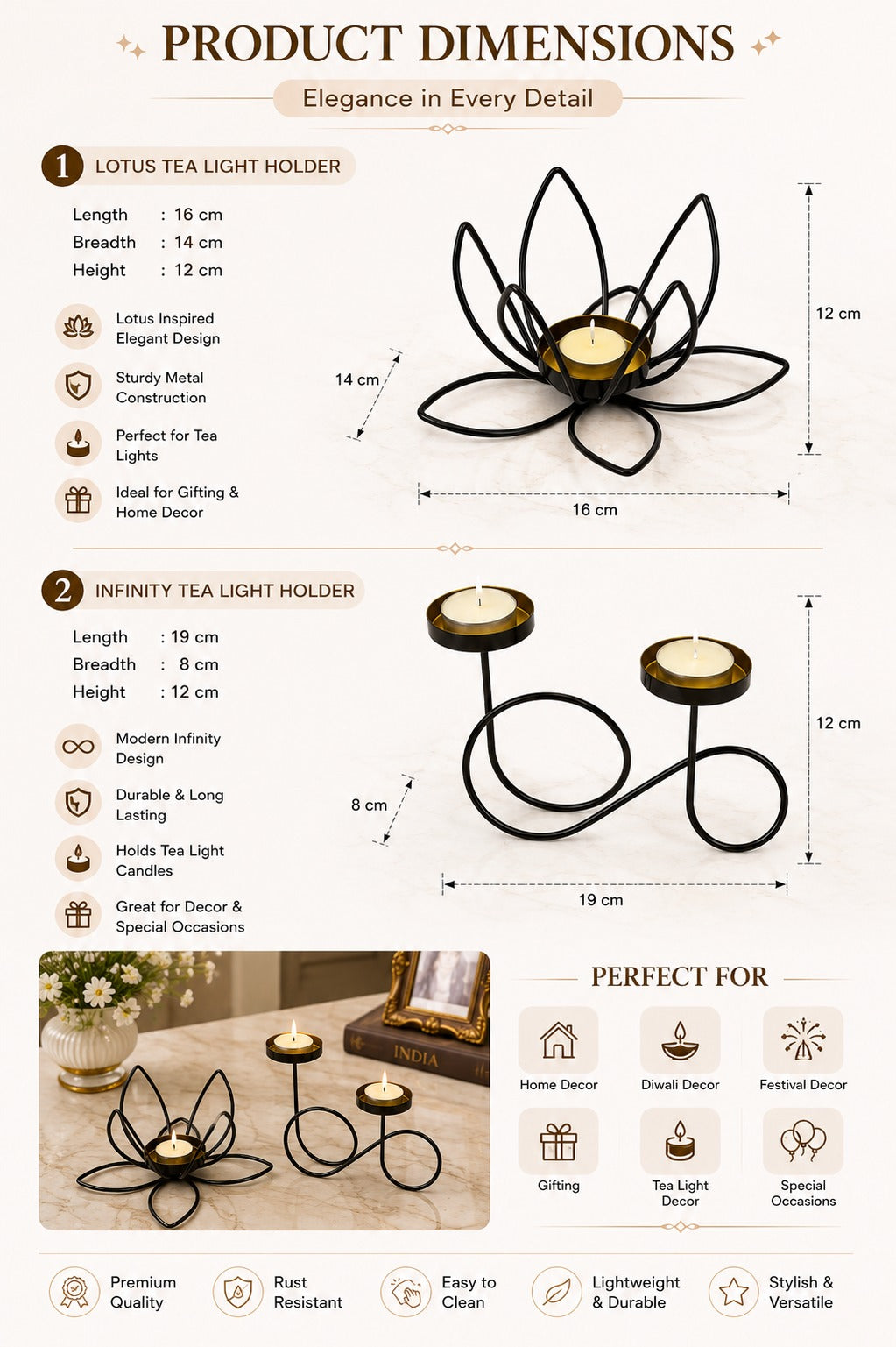 Set of 2 Modern Metal Tea Light Candle Holders | Lotus Flower & Infinity Double Tea Light Stand | Decorative Candle Holder for Home Living Room Bedroom Pooja Room Table Décor & Gifting