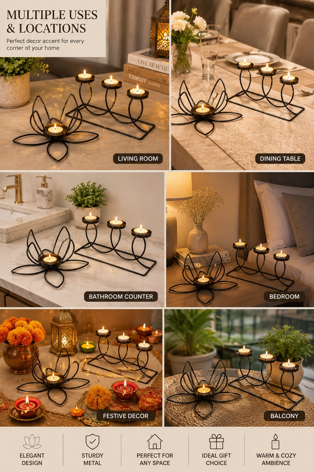 Set of 2 Modern Metal Tea Light Candle Holders | Lotus & 3 Cup Candle Stand Set | Decorative Table Centerpiece for Home Living Room Bedroom Dining Table Festival Décor & Gifting