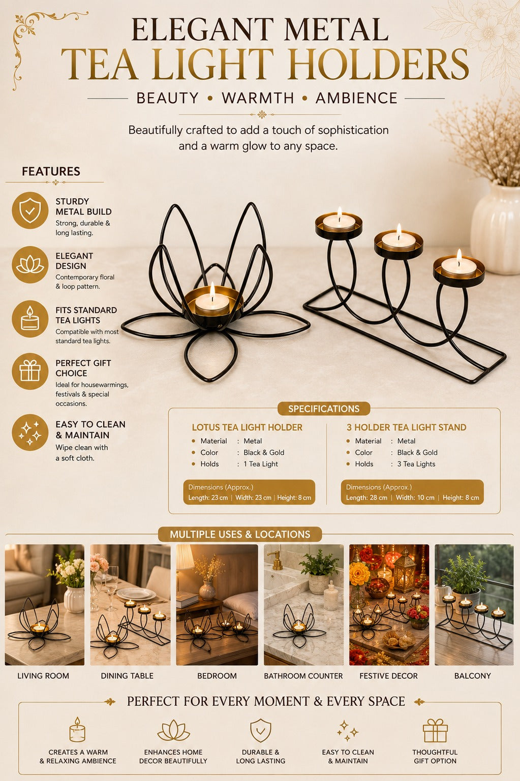 Set of 2 Modern Metal Tea Light Candle Holders | Lotus & 3 Cup Candle Stand Set | Decorative Table Centerpiece for Home Living Room Bedroom Dining Table Festival Décor & Gifting