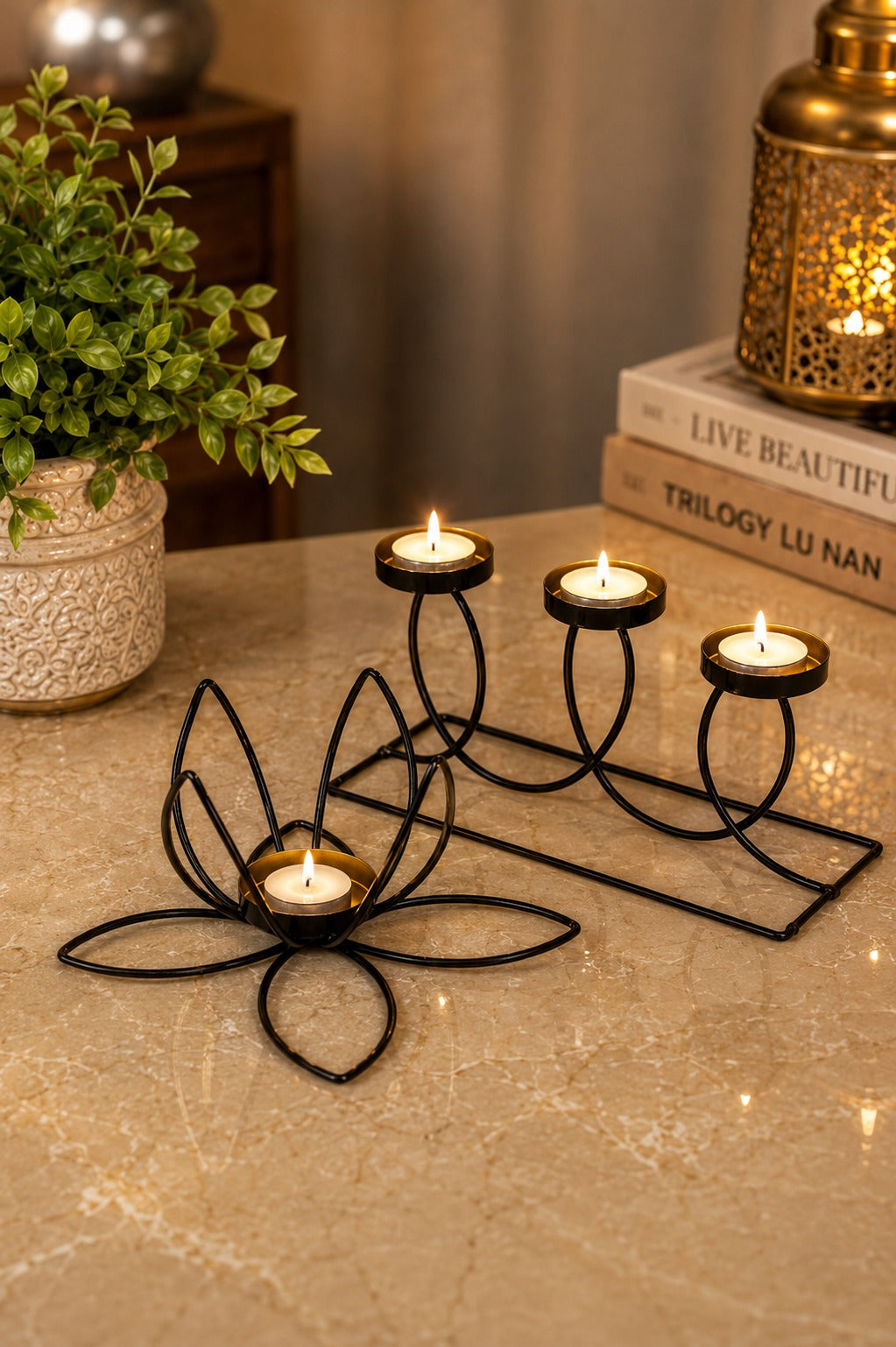 Set of 2 Modern Metal Tea Light Candle Holders | Lotus & 3 Cup Candle Stand Set | Decorative Table Centerpiece for Home Living Room Bedroom Dining Table Festival Décor & Gifting
