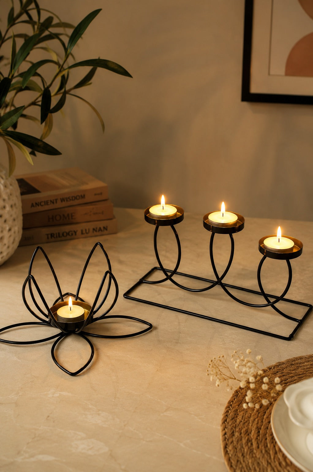 Set of 2 Modern Metal Tea Light Candle Holders | Lotus & 3 Cup Candle Stand Set | Decorative Table Centerpiece for Home Living Room Bedroom Dining Table Festival Décor & Gifting