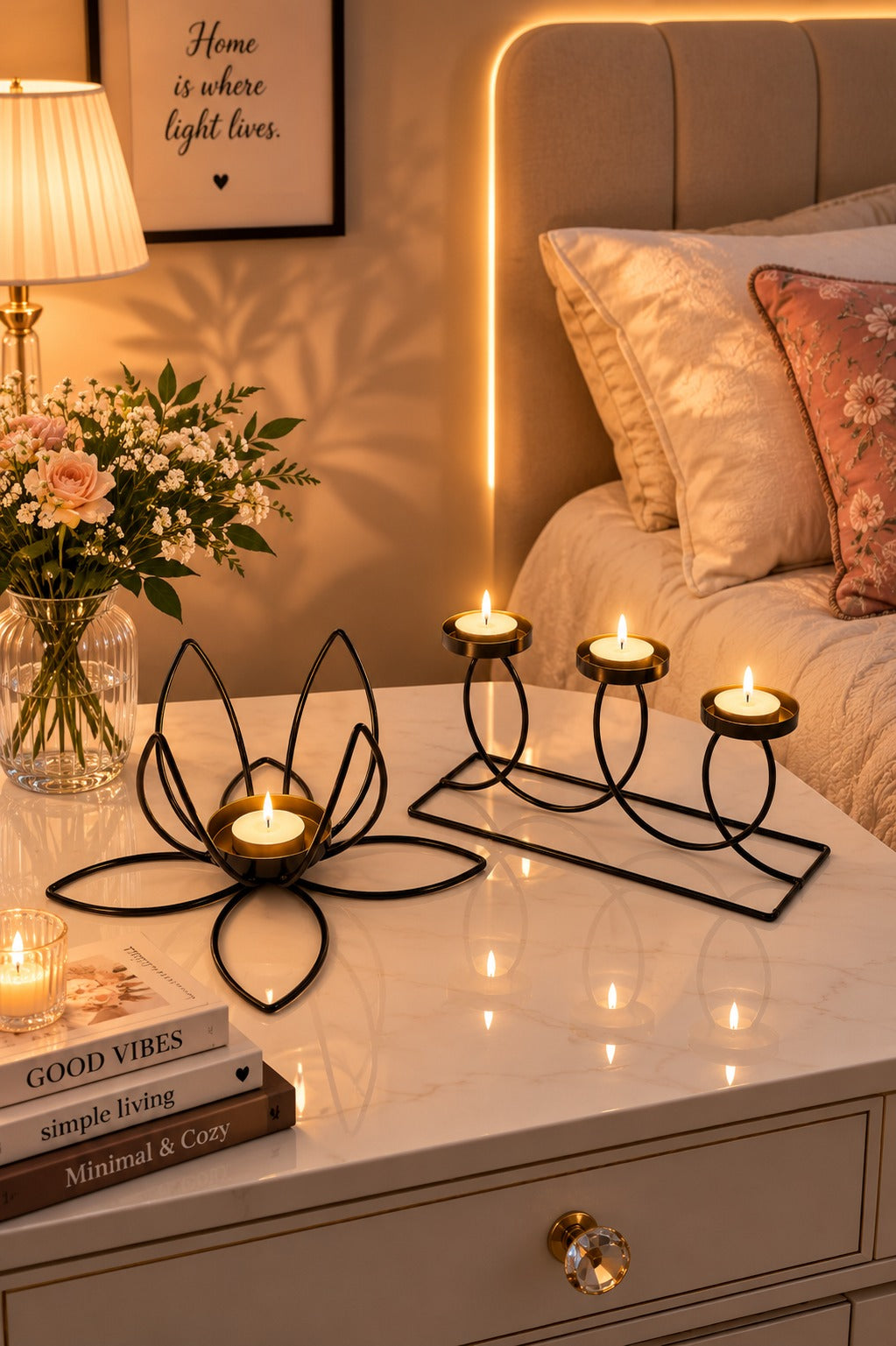 Set of 2 Modern Metal Tea Light Candle Holders | Lotus & 3 Cup Candle Stand Set | Decorative Table Centerpiece for Home Living Room Bedroom Dining Table Festival Décor & Gifting