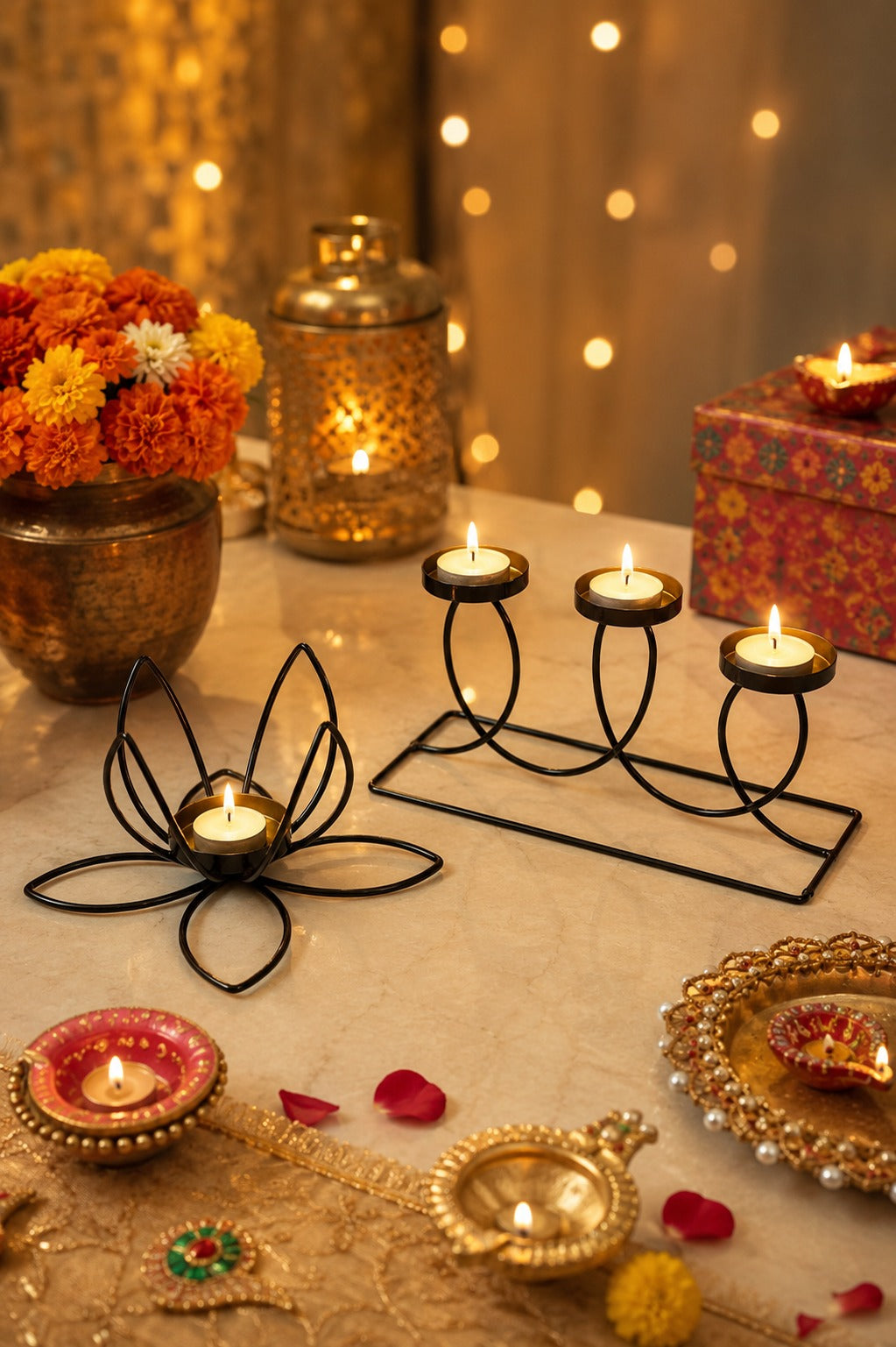 Set of 2 Modern Metal Tea Light Candle Holders | Lotus & 3 Cup Candle Stand Set | Decorative Table Centerpiece for Home Living Room Bedroom Dining Table Festival Décor & Gifting