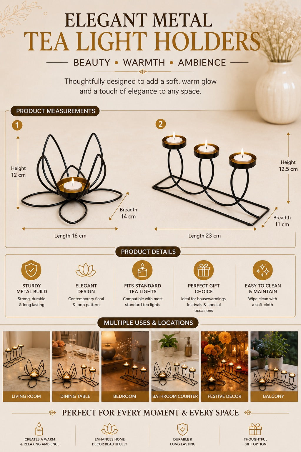 Set of 2 Modern Metal Tea Light Candle Holders | Lotus & 3 Cup Candle Stand Set | Decorative Table Centerpiece for Home Living Room Bedroom Dining Table Festival Décor & Gifting