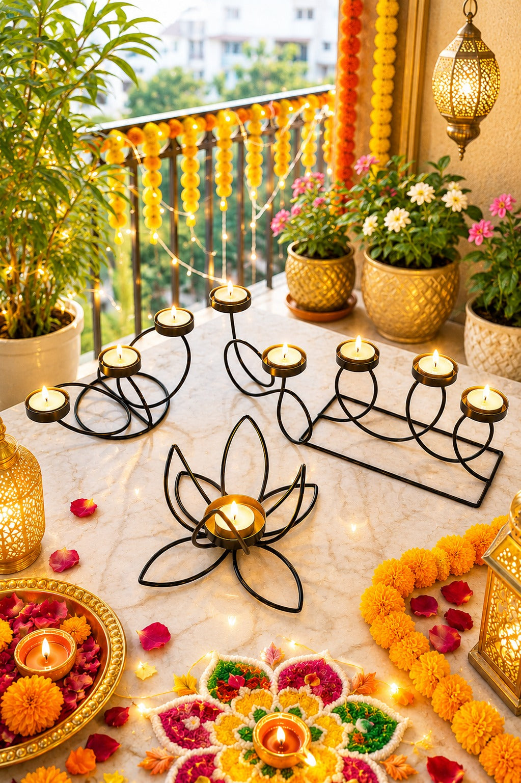Modern Metal Tea Light Candle Holder Set of 4 | 2 Cup, 3 Cup & Lotus Design Decorative Candle Stand Collection for Home Living Room Table Décor, Festivals & Gifting