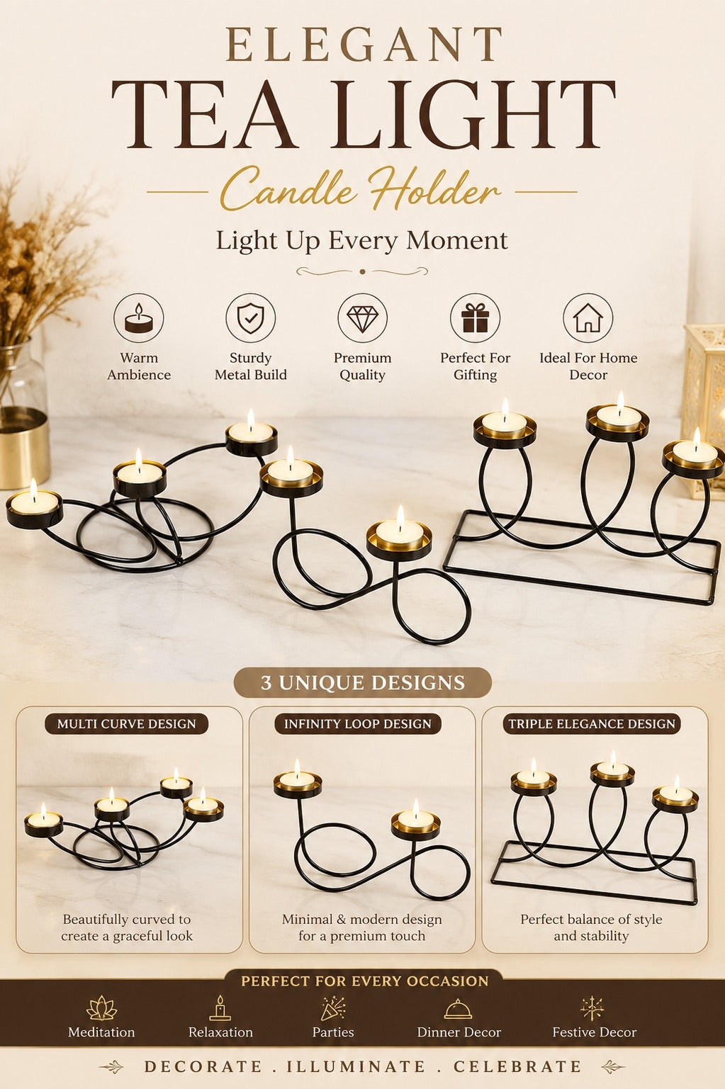 Modern Metal Tea Light Candle Holder Set of 3 | Decorative Black Iron Candle Stand Collection | Elegant Table Centerpiece for Home Décor & Festive Decoration