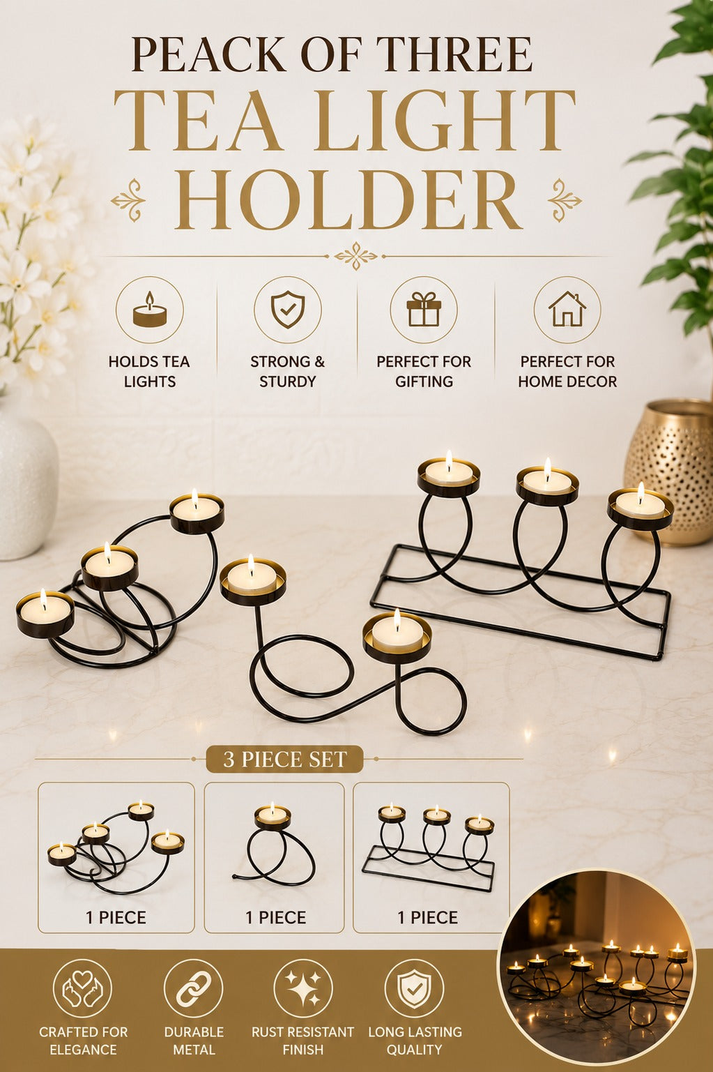 Modern Metal Tea Light Candle Holder Set of 3 | Decorative Black Iron Candle Stand Collection | Elegant Table Centerpiece for Home Décor & Festive Decoration