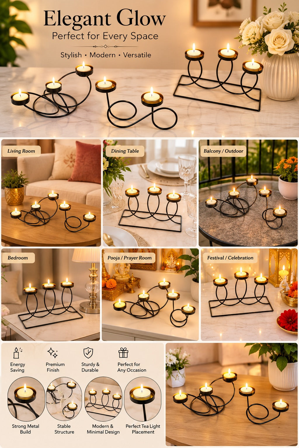Modern Metal Tea Light Candle Holder Set of 3 | Decorative Black Iron Candle Stand Collection | Elegant Table Centerpiece for Home Décor & Festive Decoration