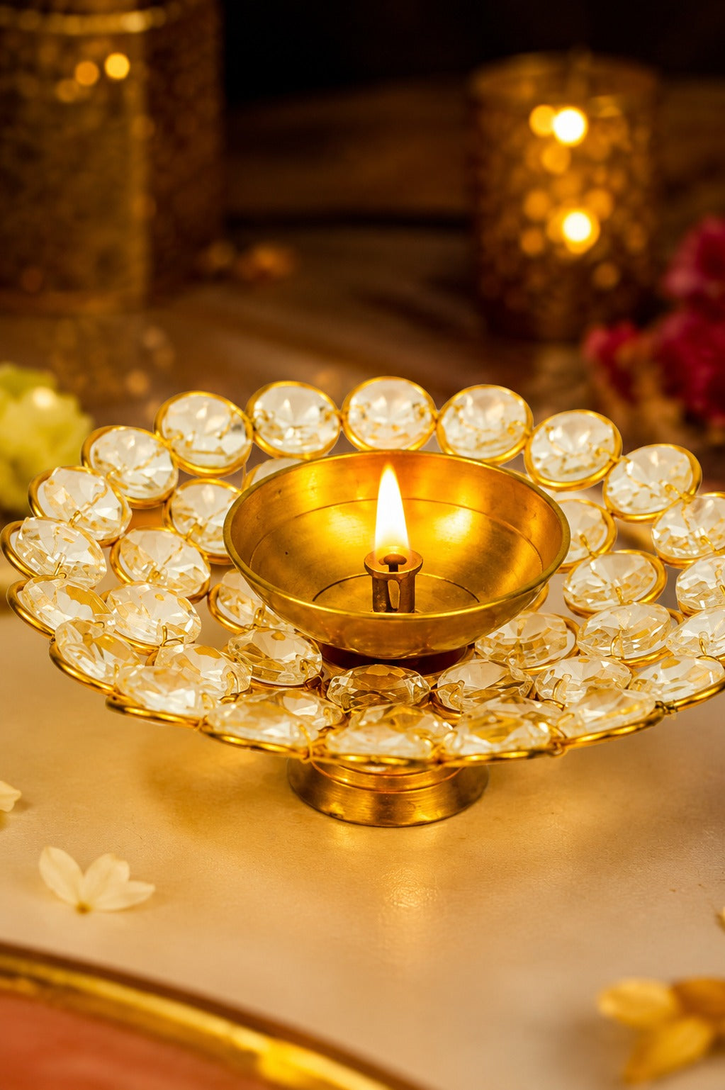 Crystal Kundan Diya | Premium Metal Oil Lamp with K9 Crystal Stones | Decorative Pooja Diya for Home Temple, Diwali, Festive Décor & Gifting