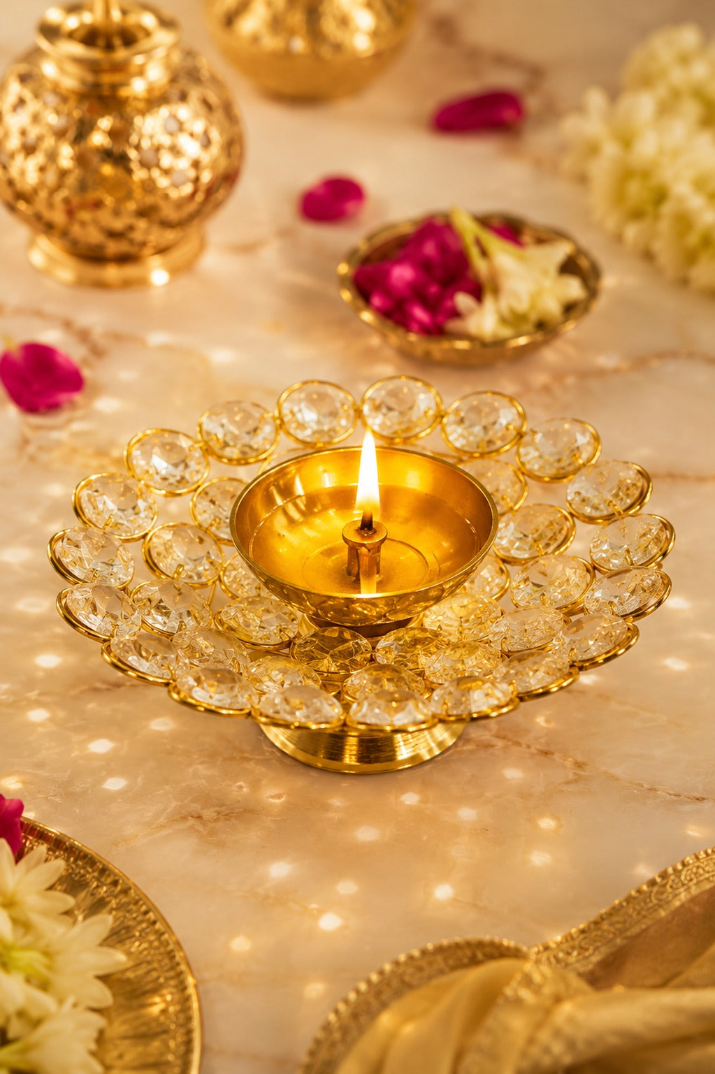 Crystal Kundan Diya | Premium Metal Oil Lamp with K9 Crystal Stones | Decorative Pooja Diya for Home Temple, Diwali, Festive Décor & Gifting