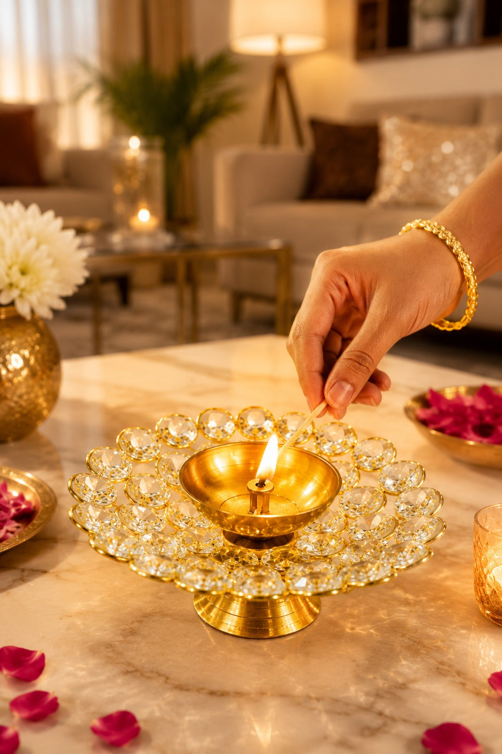 Crystal Kundan Diya | Premium Metal Oil Lamp with K9 Crystal Stones | Decorative Pooja Diya for Home Temple, Diwali, Festive Décor & Gifting