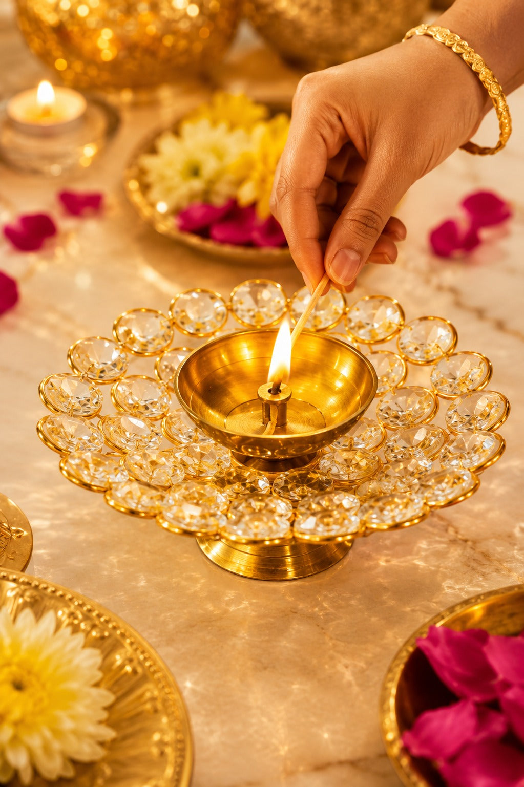 Crystal Kundan Diya | Premium Metal Oil Lamp with K9 Crystal Stones | Decorative Pooja Diya for Home Temple, Diwali, Festive Décor & Gifting