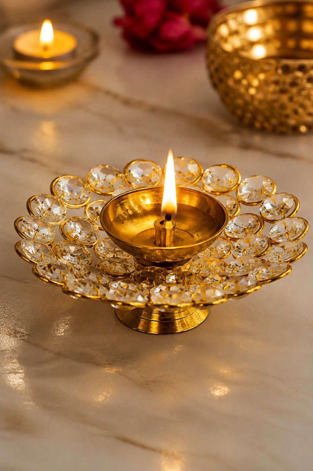 Crystal Kundan Diya | Premium Metal Oil Lamp with K9 Crystal Stones | Decorative Pooja Diya for Home Temple, Diwali, Festive Décor & Gifting