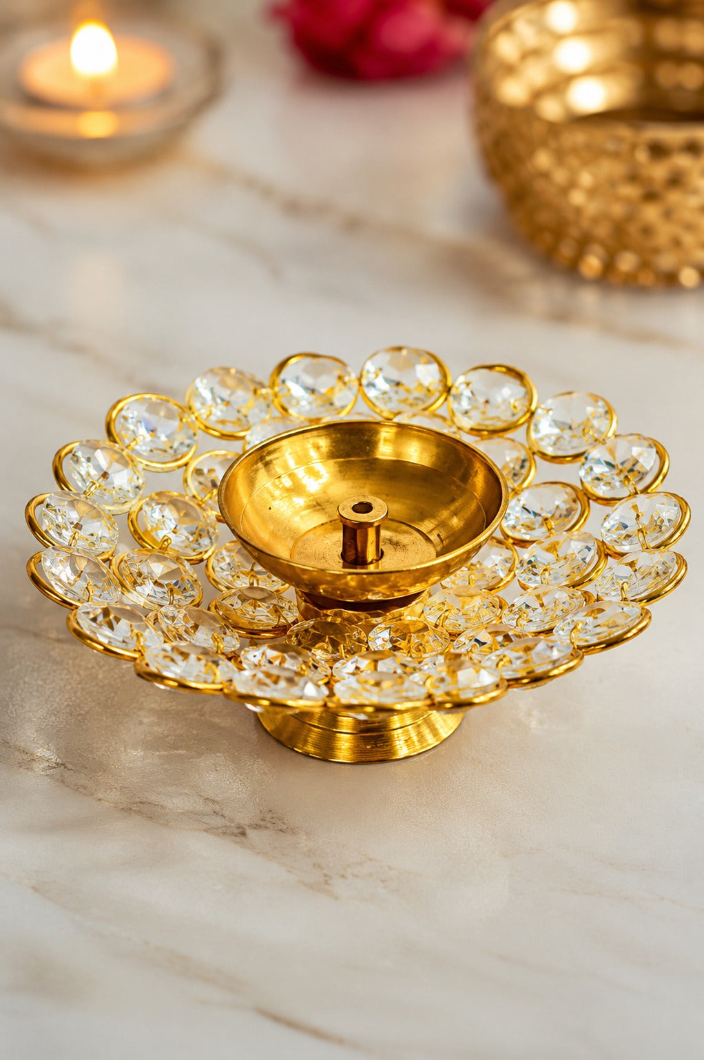 Crystal Kundan Diya | Premium Metal Oil Lamp with K9 Crystal Stones | Decorative Pooja Diya for Home Temple, Diwali, Festive Décor & Gifting