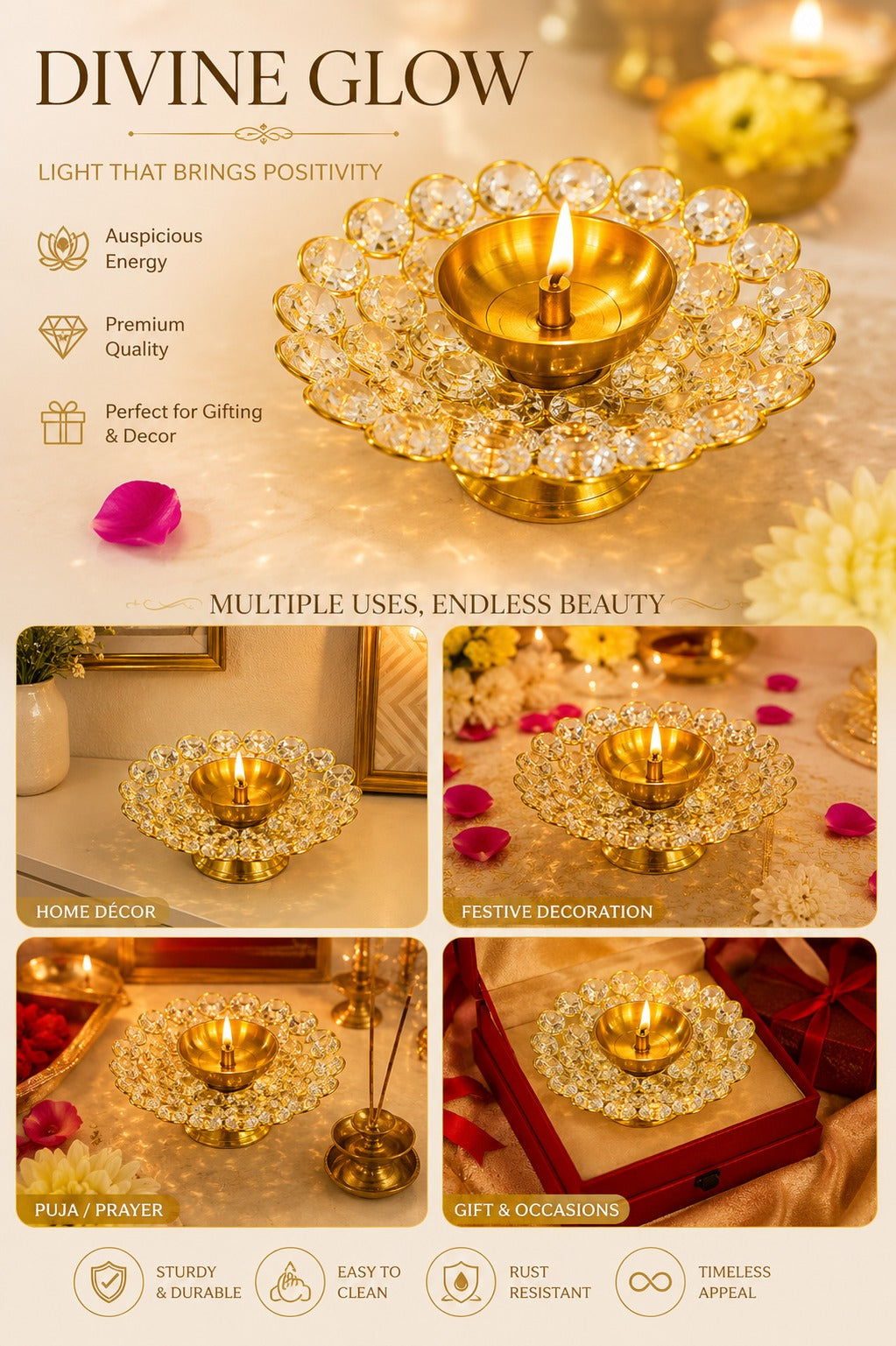 Crystal Kundan Diya | Premium Metal Oil Lamp with K9 Crystal Stones | Decorative Pooja Diya for Home Temple, Diwali, Festive Décor & Gifting