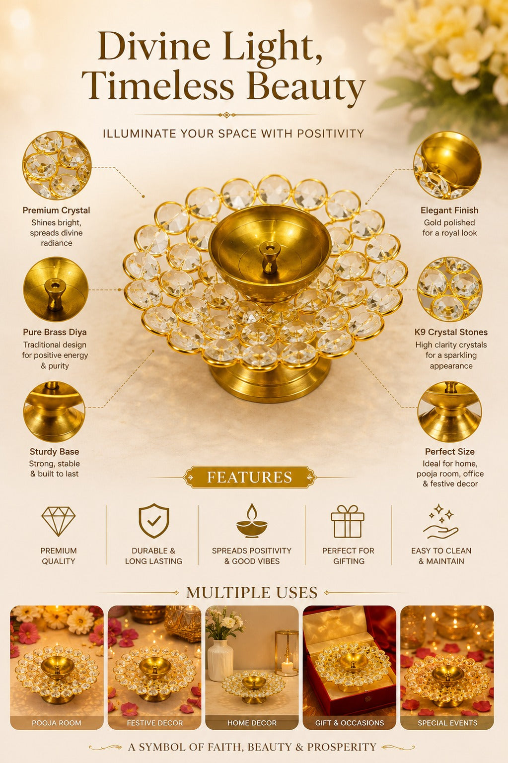 Crystal Kundan Diya | Premium Metal Oil Lamp with K9 Crystal Stones | Decorative Pooja Diya for Home Temple, Diwali, Festive Décor & Gifting