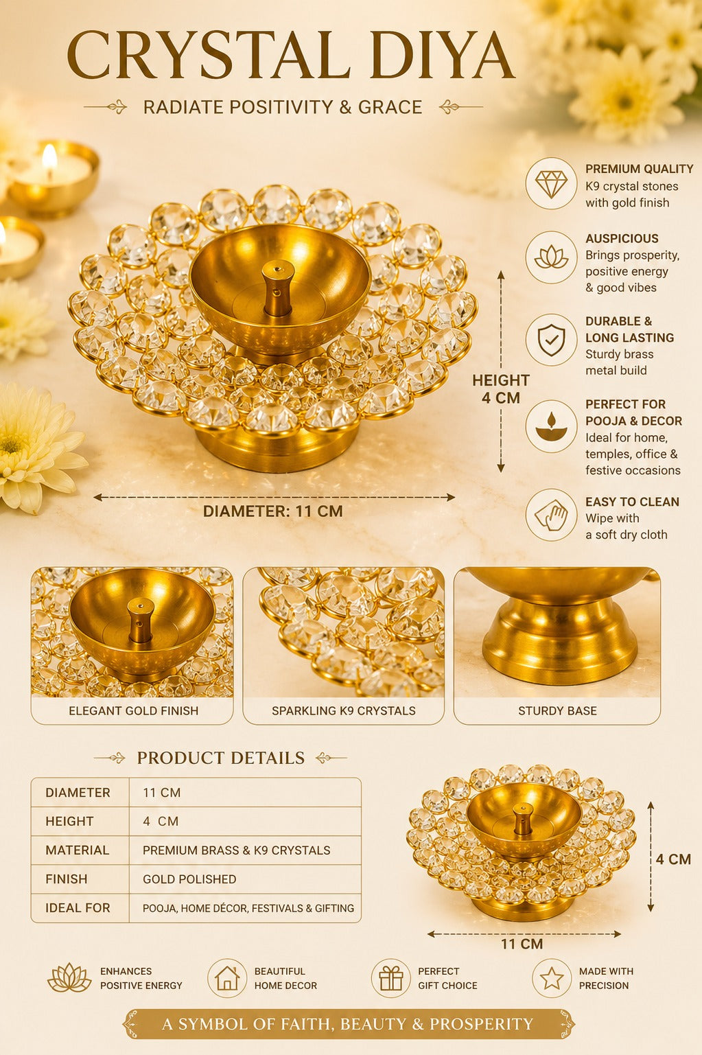 Crystal Kundan Diya | Premium Metal Oil Lamp with K9 Crystal Stones | Decorative Pooja Diya for Home Temple, Diwali, Festive Décor & Gifting