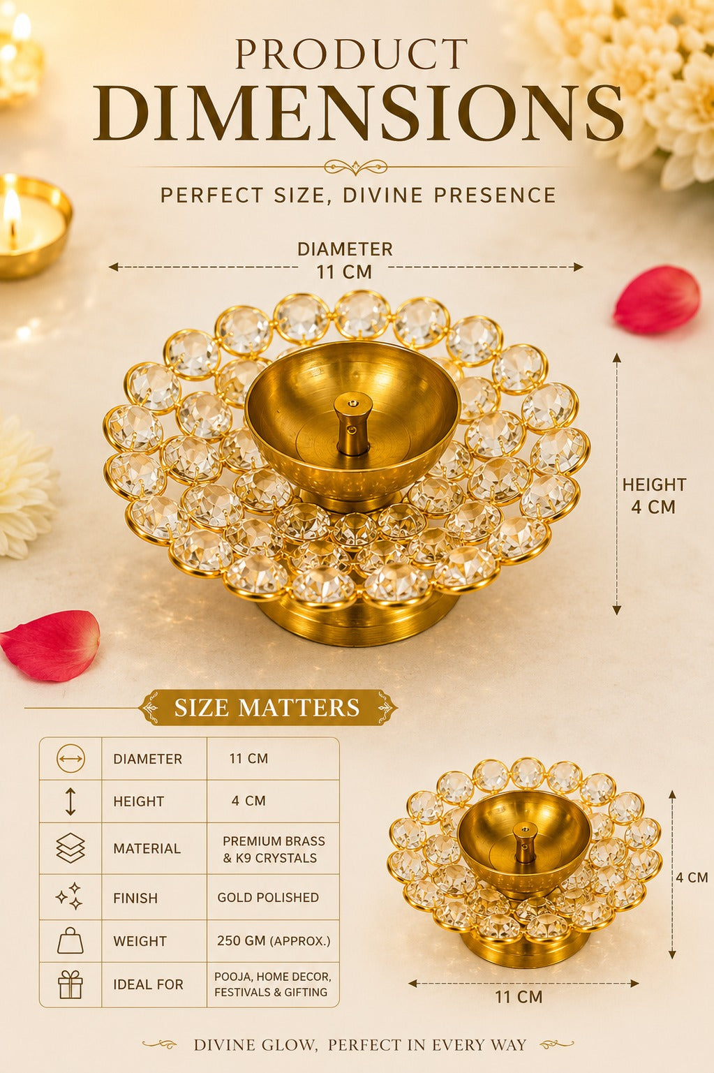 Crystal Kundan Diya | Premium Metal Oil Lamp with K9 Crystal Stones | Decorative Pooja Diya for Home Temple, Diwali, Festive Décor & Gifting